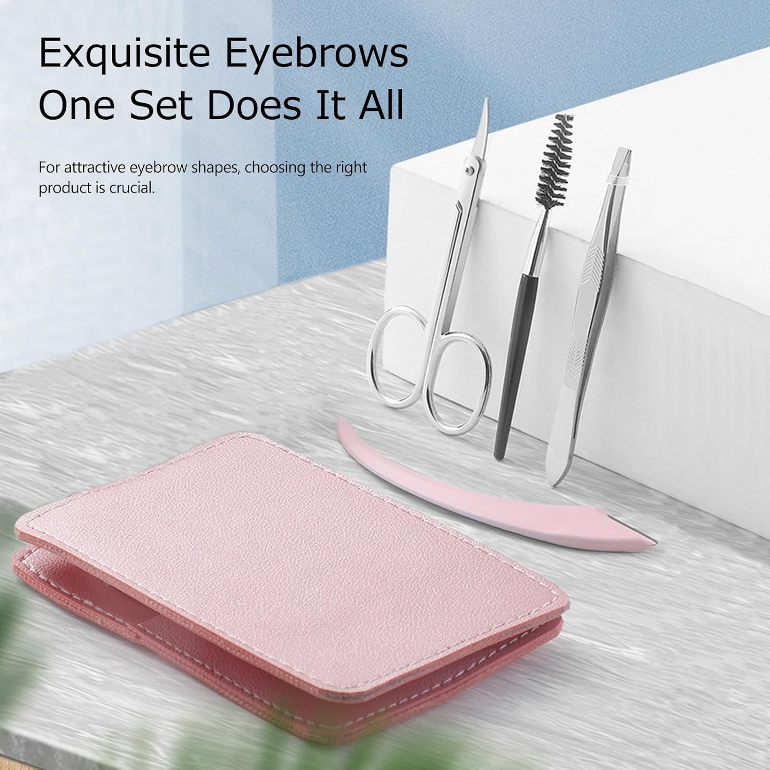 Kit de recortador de cejas, juego 5 en 1 con tijeras para cejas, maquinilla de afeitar, pinzas, cepillo y espejo para mujer, incluye bolsa de cuero