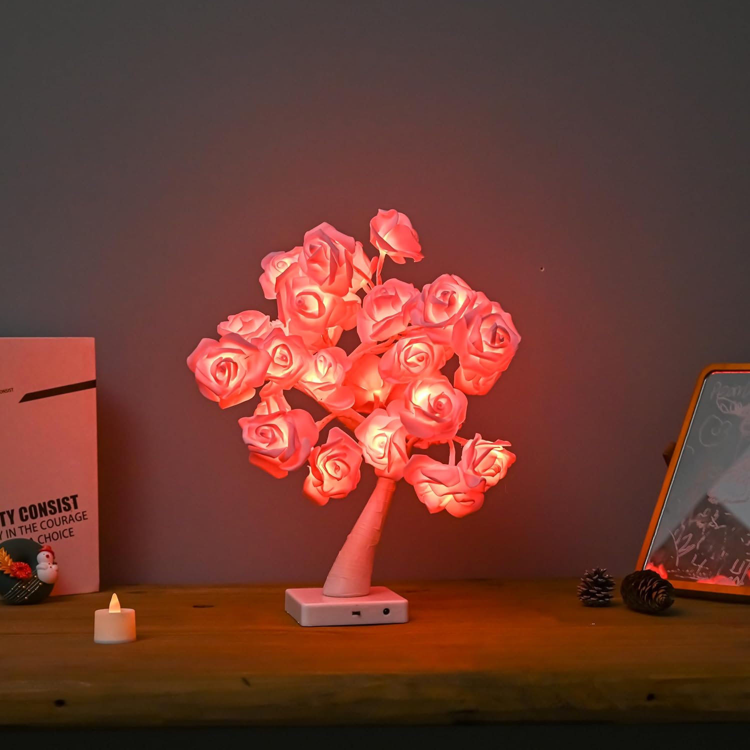 Lámpara de mesa con 32 luces LED con forma de árbol de rosas, regalo para niñas, mujeres, adolescentes, decoración del hogar, funciona con pilas,
