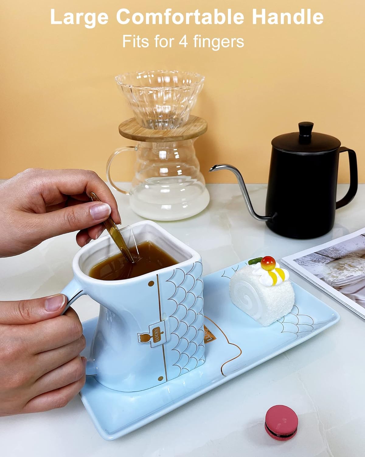 SISETOP Juego de 2 tazas de café de color azul bebé, lindo bolso con platillo y cuchara
