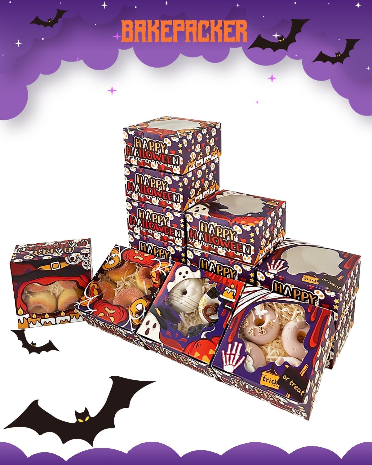60 cajas de panadería de Halloween con ventana de 6 x 6 x 3 pulgadas de grosor y resistentes cajas de pastelería de macarrones para panadería