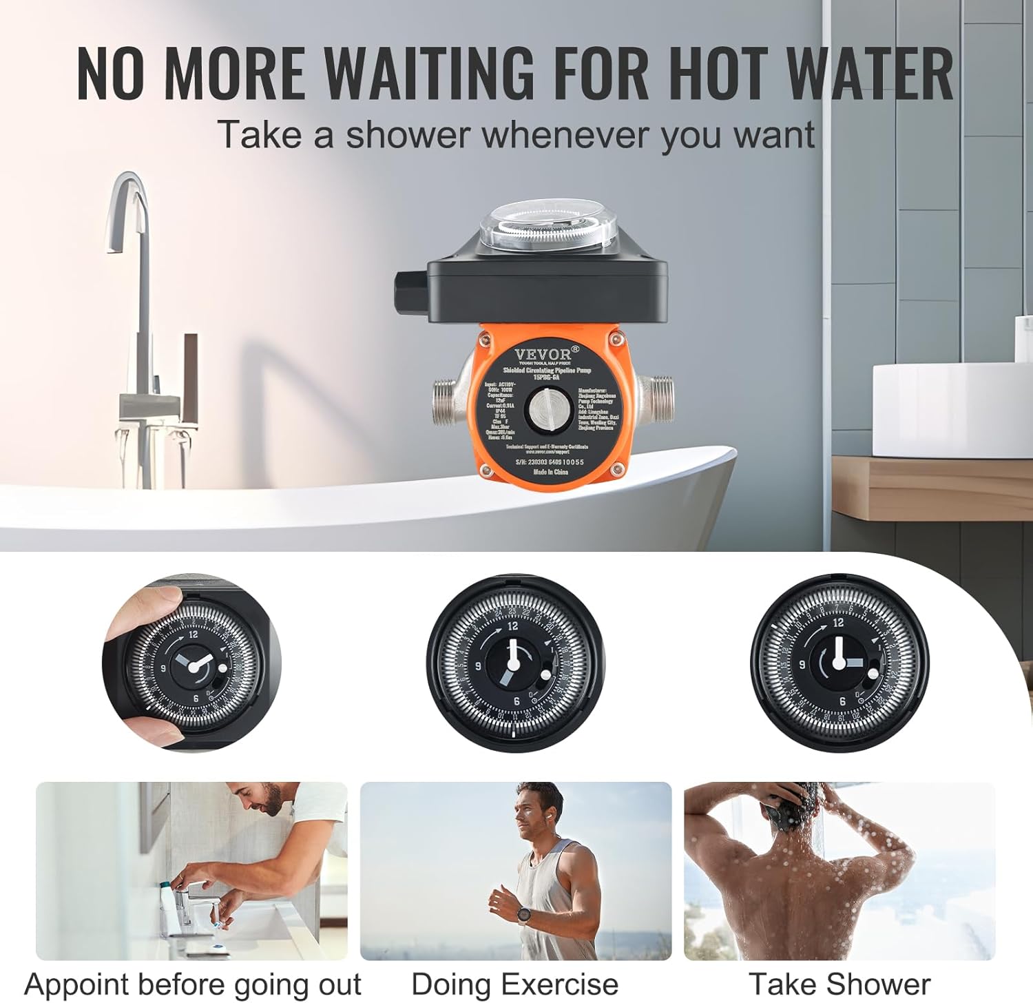 VEVOR Bomba de recirculación de agua caliente, bomba de circulación de agua de 100 W, arranque automáticocierre automático Circulación de cabeza de
