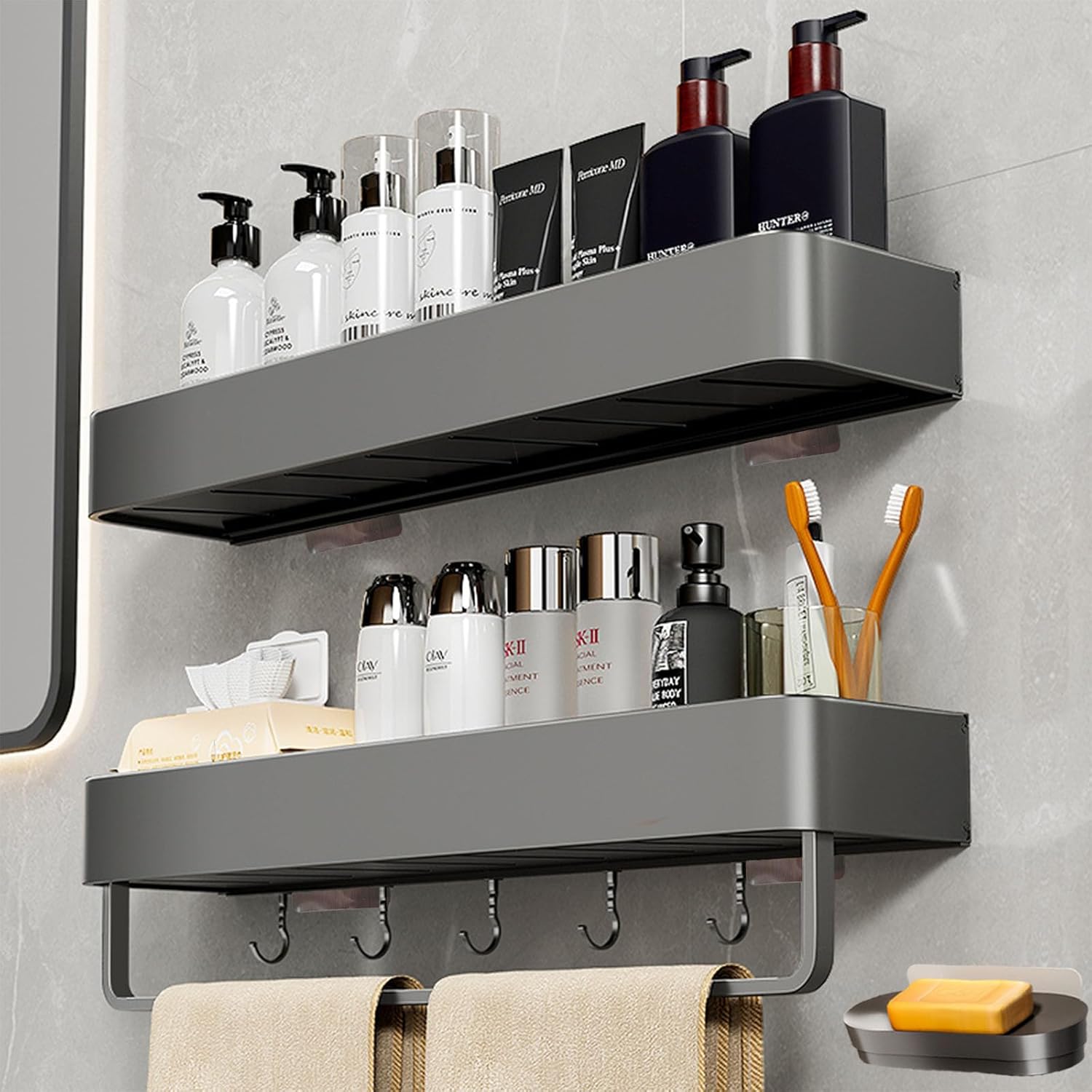 Paquete de 3 estantes de ducha autoadhesivos con soporte para jabón, organizadores de baño, fácil instalación, superficies lisas, construcción de