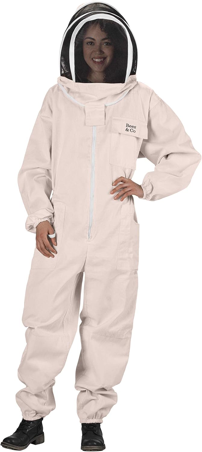 Bees & Co Traje de apicultor de algodón natural con velo de esgrima y guantes de piel de cabra (grande)
