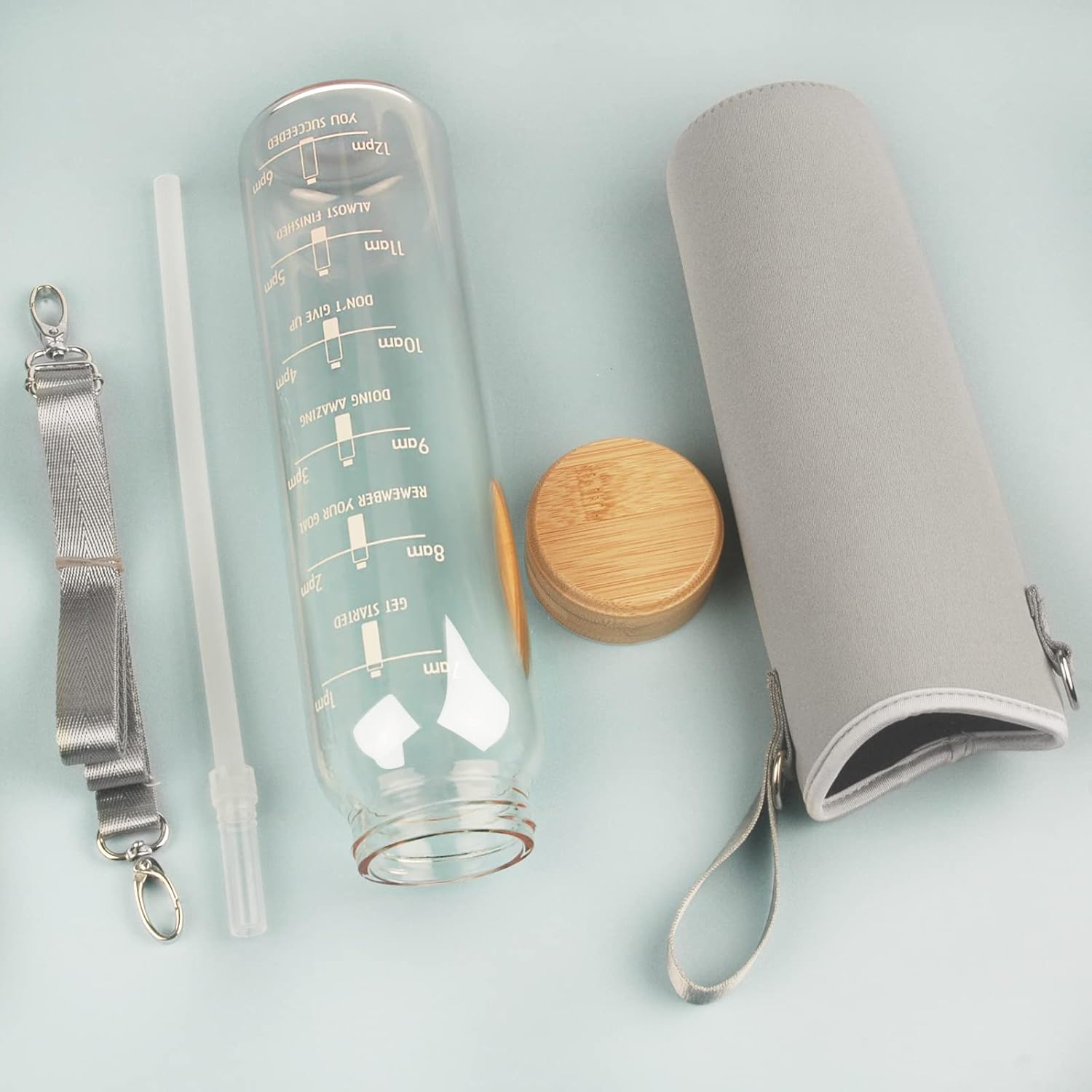 Botella de agua de vidrio de borosilicato de 32 onzas con popote y marcador de tiempo, botella de agua motivacional de boca ancha con funda de