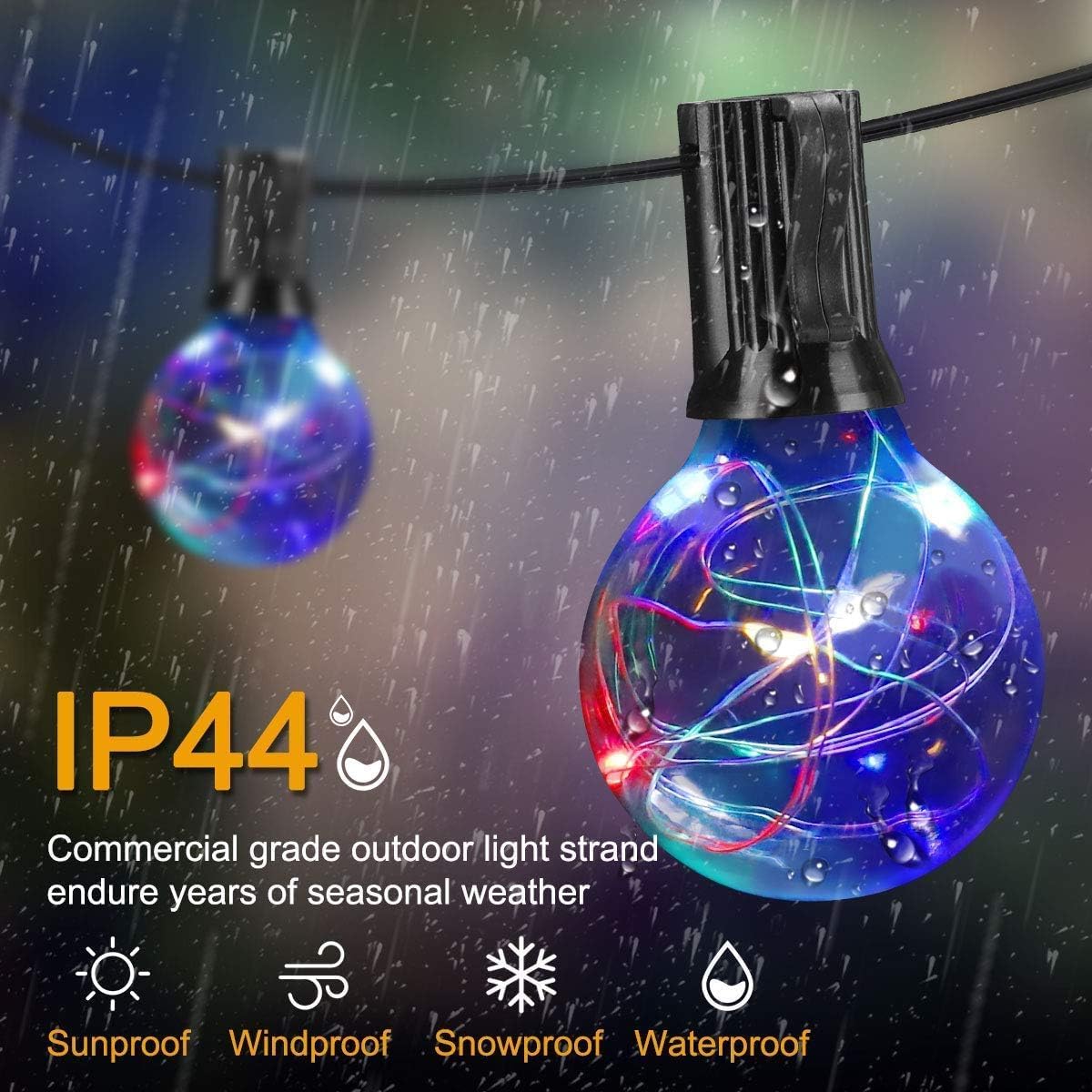 Cadena de luces para exteriores de 30 pies con 30 enchufes, bombillas LED RGB que cambian de color, inastillables, para patio, jardín (30 pies)