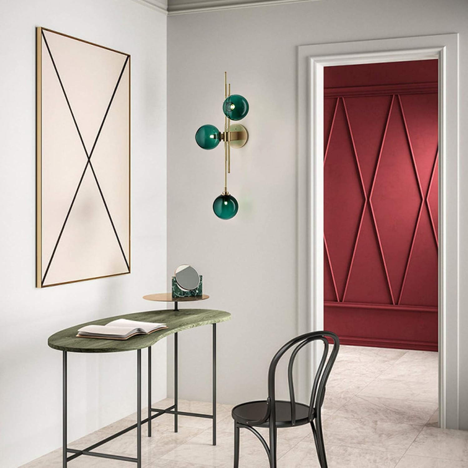Aplique de pared moderno de mediados de siglo, 3 luces de globo de vidrio, elegante lámpara de pared decorativa de vidrio verde transparente para