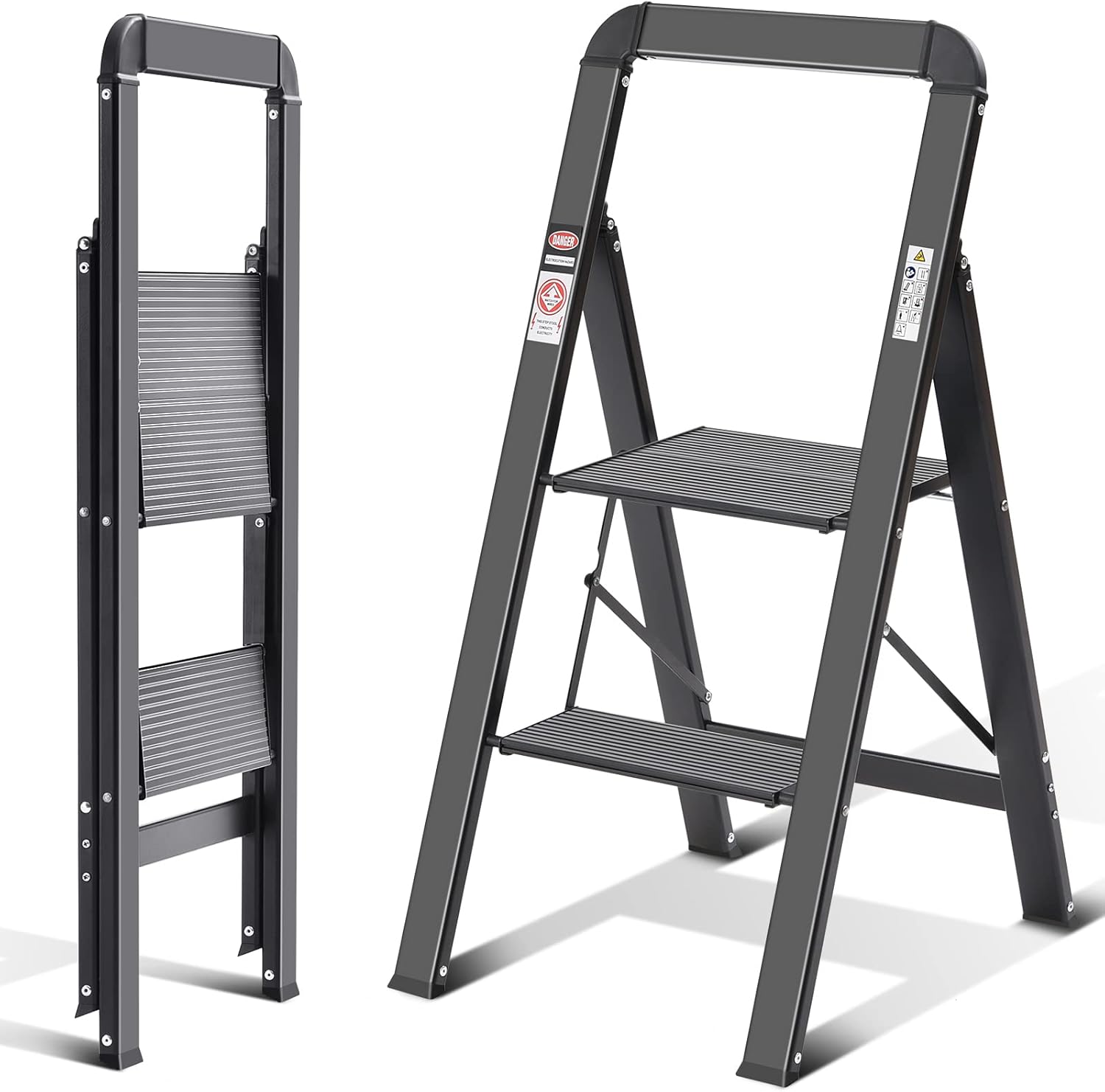 KINGRACK Escalera de escalón, 2 escalones, escalera plegable con pasamanos, escalera doméstica antideslizante con seguridad plegable, taburete de