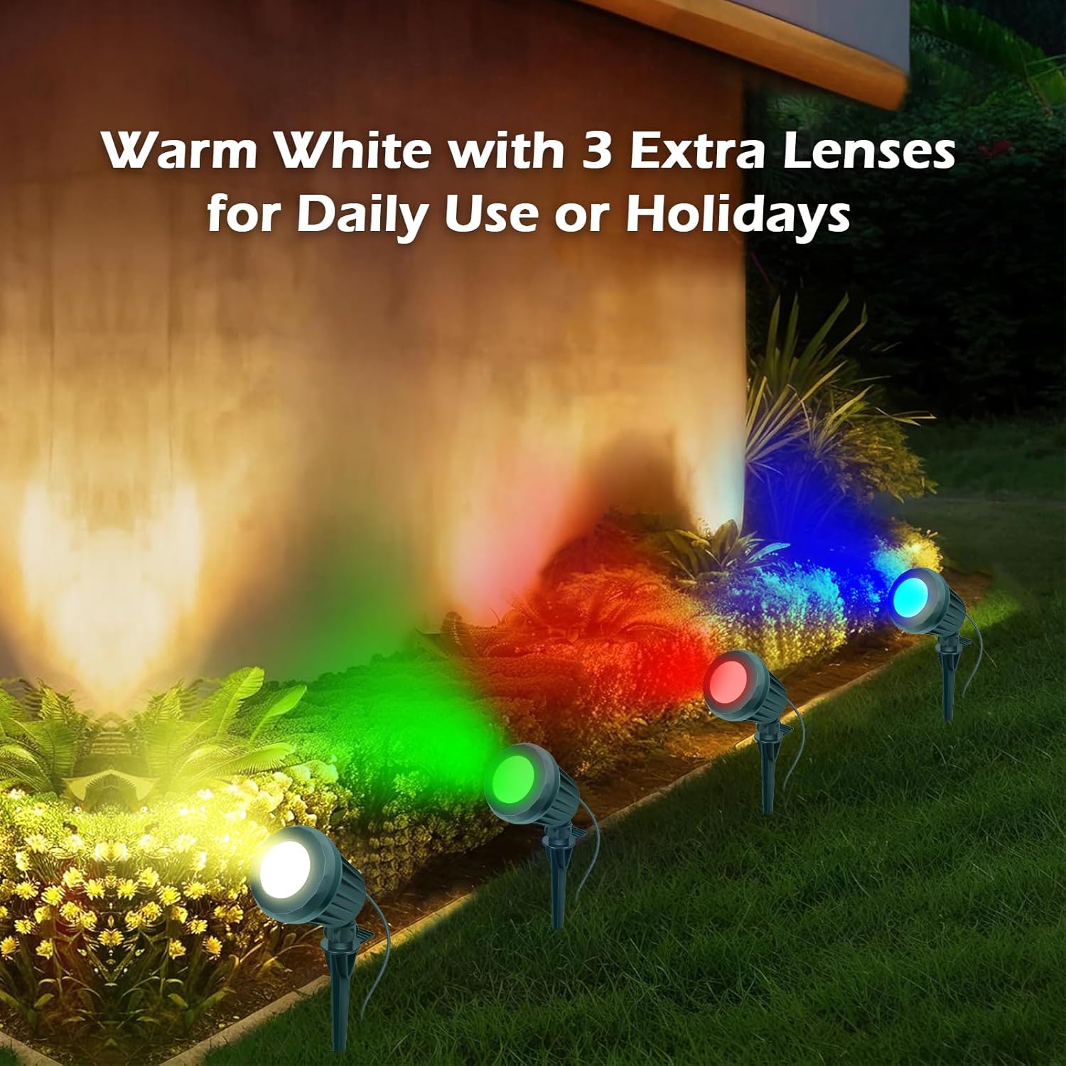 Foco de Navidad de Halloween para exteriores focos LED de 10 W para exteriores, 2700 K, blanco cálido con 3 lentes adicionales (rojo, verde, azul)