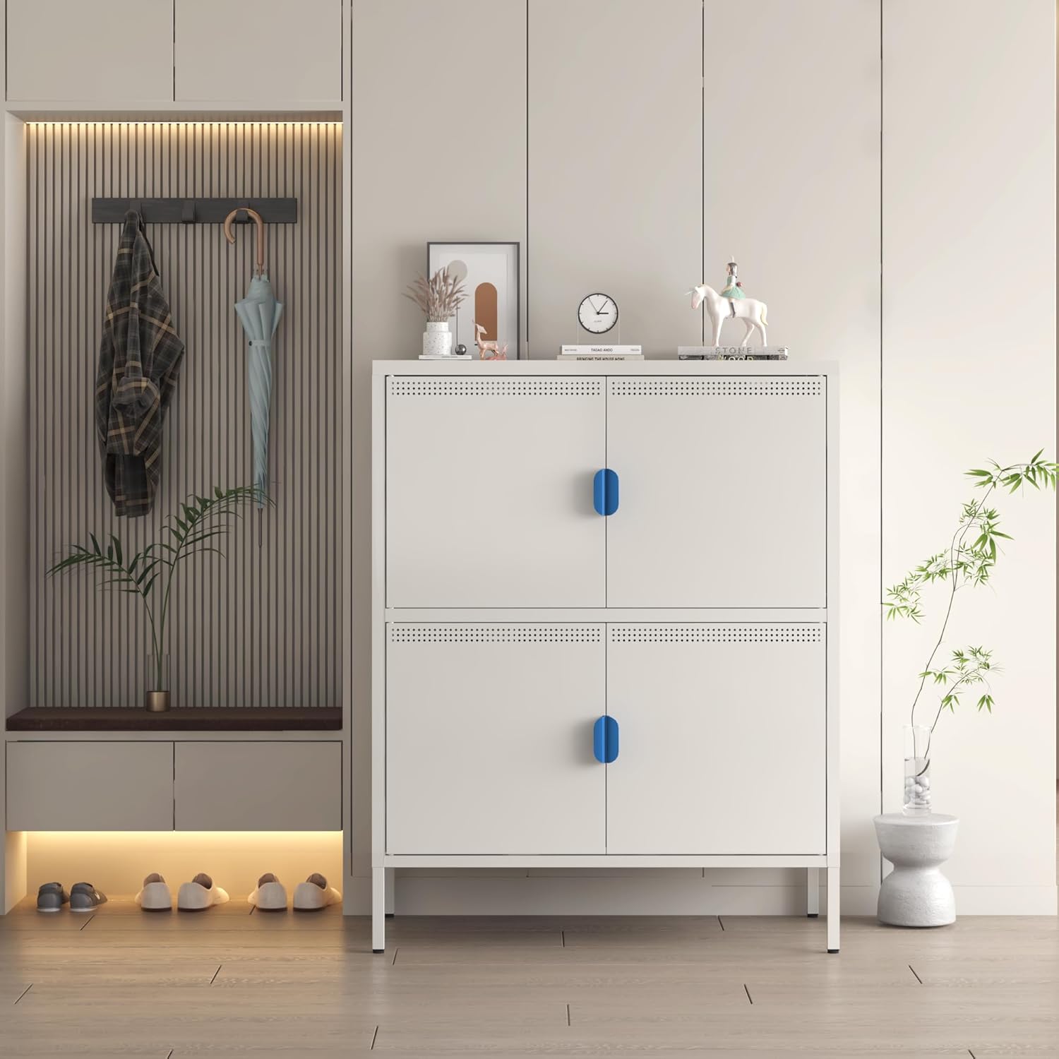 YSJZYBF Armario de almacenamiento de metal con 4 puertas y estantes ajustables, aparador de acero para oficina, garaje, sala de estar, pasillo,