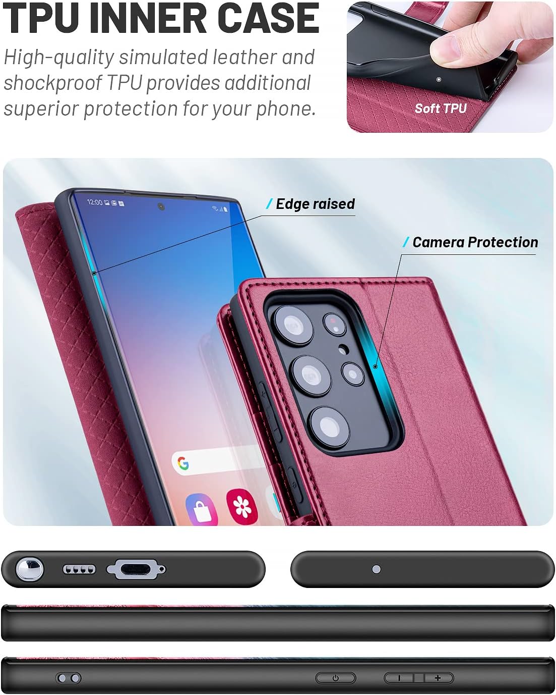 OCASE Funda compatible con Galaxy S23 Ultra 5G, funda de piel sintética con tarjetero, bloqueo RFID y soporte carcasa interior de TPU a prueba de