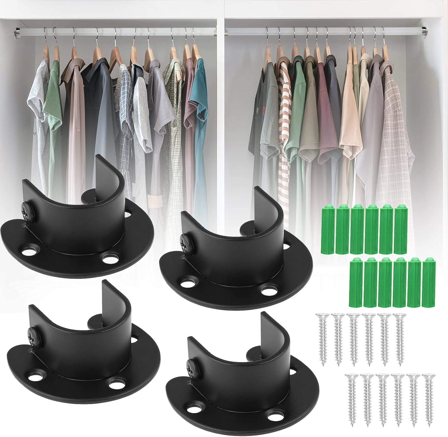 Qjaiune Juego de 4 soportes para barra de armario, soporte de barra de cortina de 1 pulgada, soporte negro para barra de armario, brida de armario