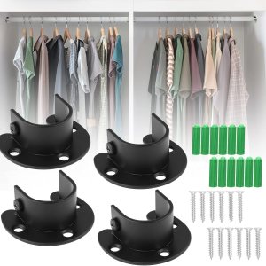 Qjaiune Juego de 4 soportes para barra de armario, soporte de barra de cortina de 1 pulgada, soporte negro para barra de armario, brida de armario Qjaiune Juego de 4 soportes para barra de armario, soporte de barra de cortina de 1 pulgada, soporte negro para barra de armario, brida de armario