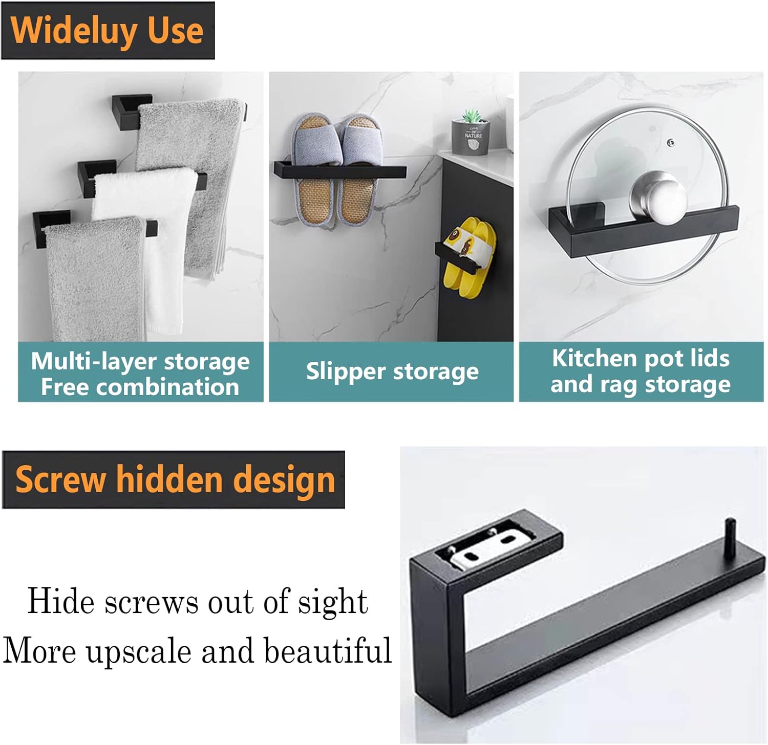 Toallero de mano de 2 piezas, anillo de toalla  Toallero grueso de acero inoxidable SUS 304 para pared de baño, barra de toalla de mano rectangular