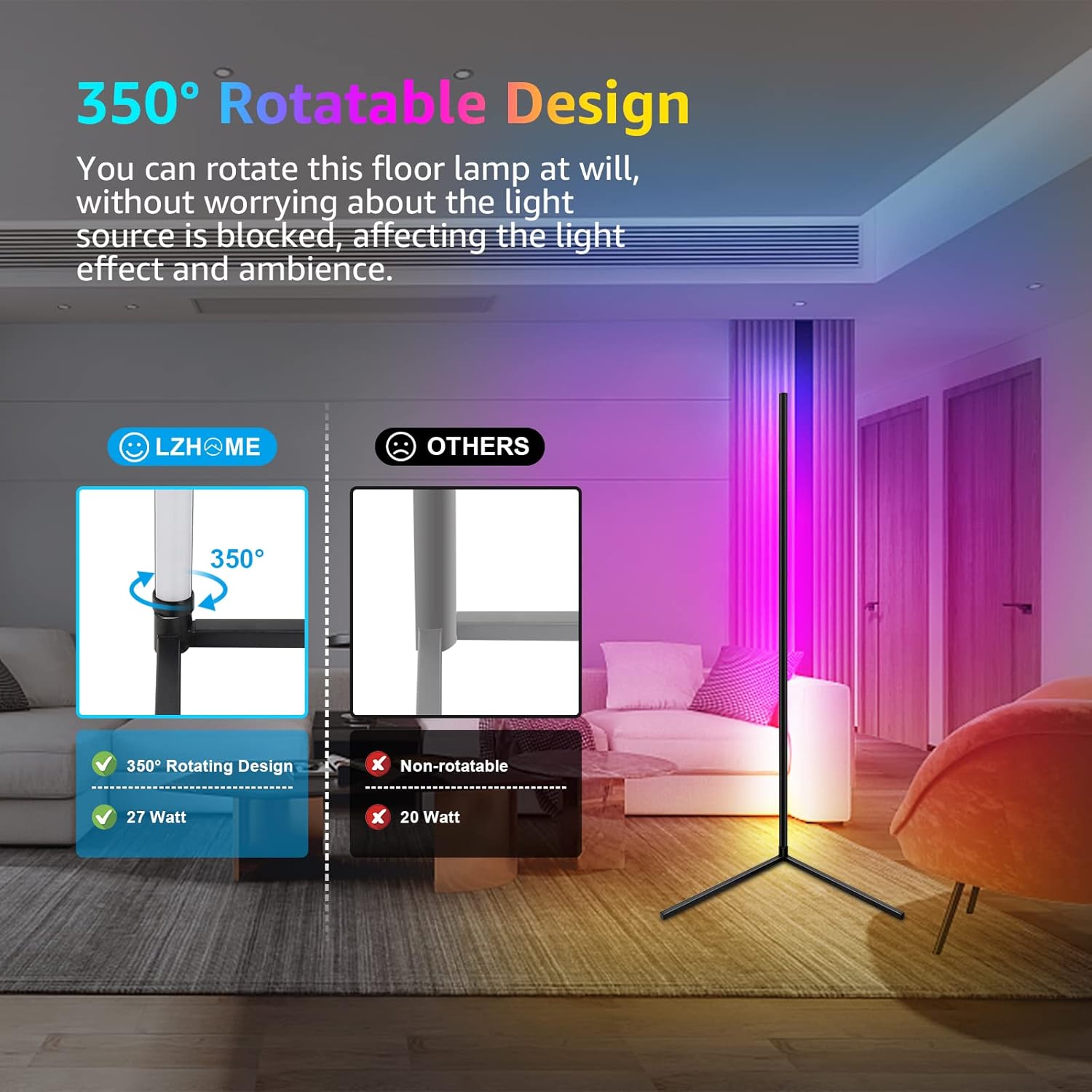 Lámpara de pie de esquina giratoria Regulable que cambia de color, lámparas de esquina de pie LED Smart App Control Iluminación RGB lámpara de