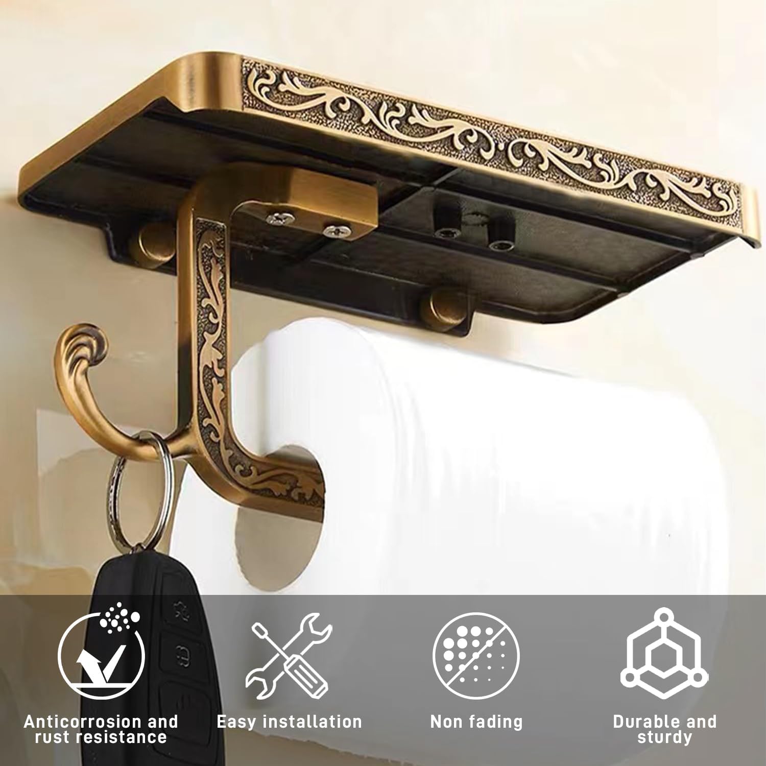 Soporte de pared para papel higiénico, soporte de papel higiénico retro con estante para teléfono, soporte de rollo de papel de aluminio con gancho