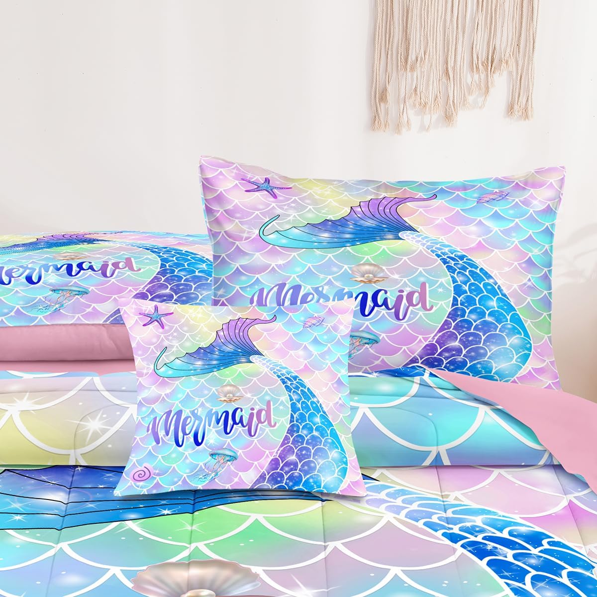 Juego de cama de 5 piezas en una bolsa para niñas, juego de edredón de sirena tamaño individual, juego de ropa de cama arcoíris colorido femenino,