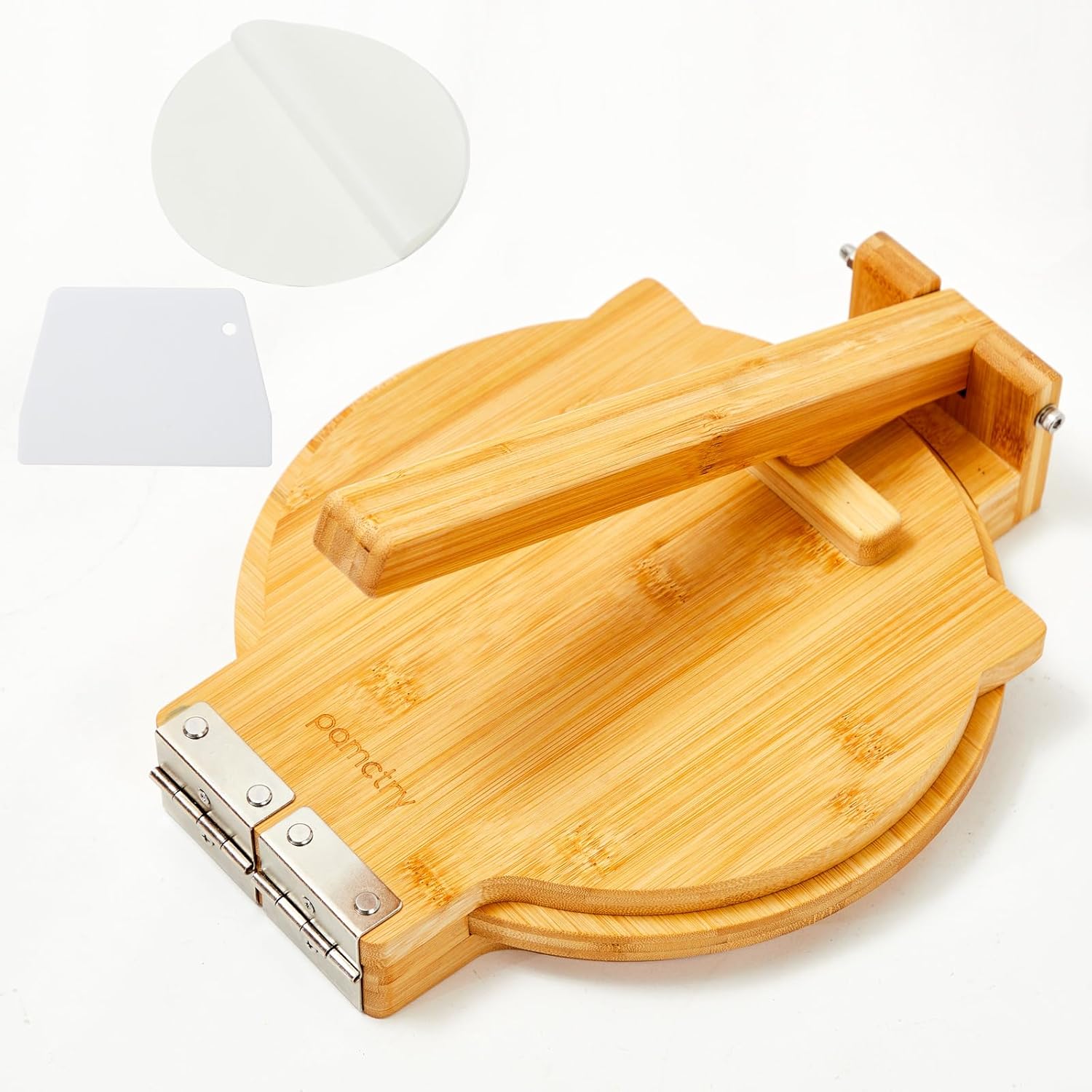 Máquina de prensa de tortillas de bambú, 10 pulgadas de diámetro, perfecta para tortillas mexicanas caseras con 50 papel pergamino incluido..