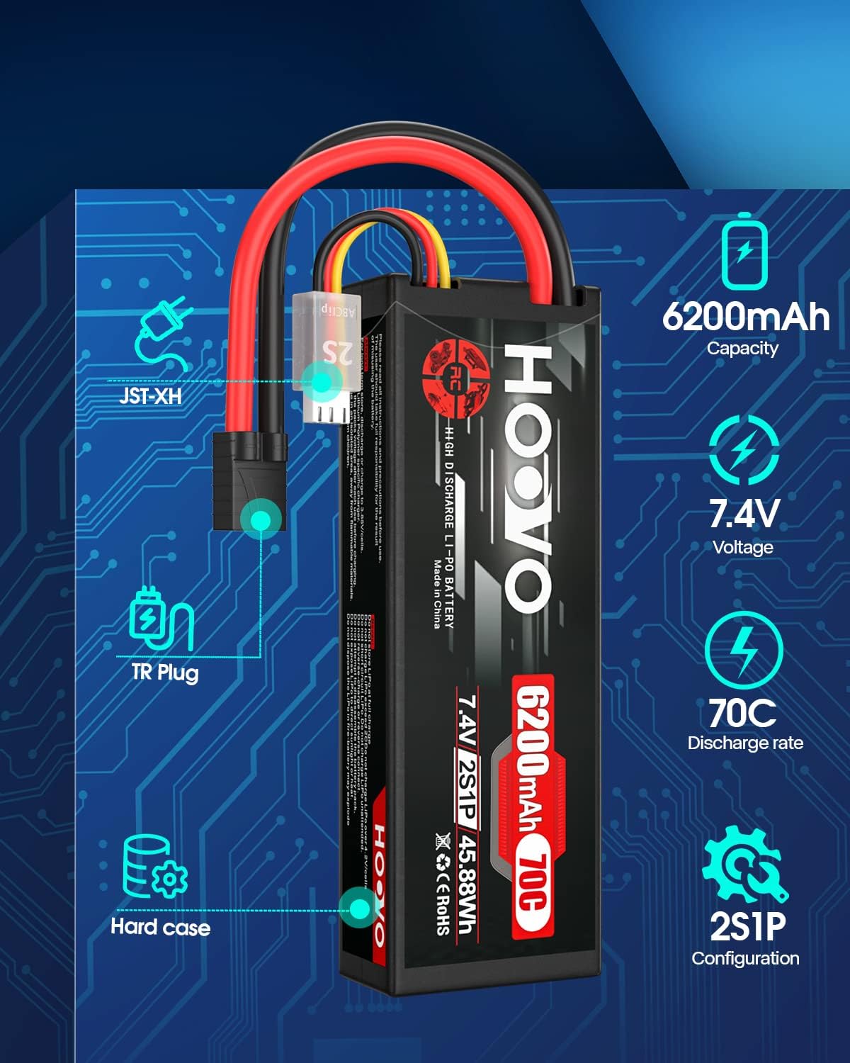 HOOVO 7.4V 6200mAh 70C 2S Lipo Batería Caso Duro para RC Car RC Helicóptero RC Camión RC Truggy Avión Quadcopter UAV Drone FPV