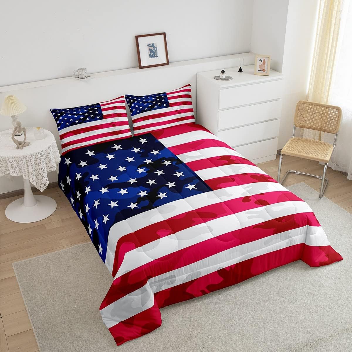 Feelyou Juego de ropa de cama con bandera estadounidense, diseño de bandera de Estados Unidos, edredón de bandera de camuflaje del ejército, edredón