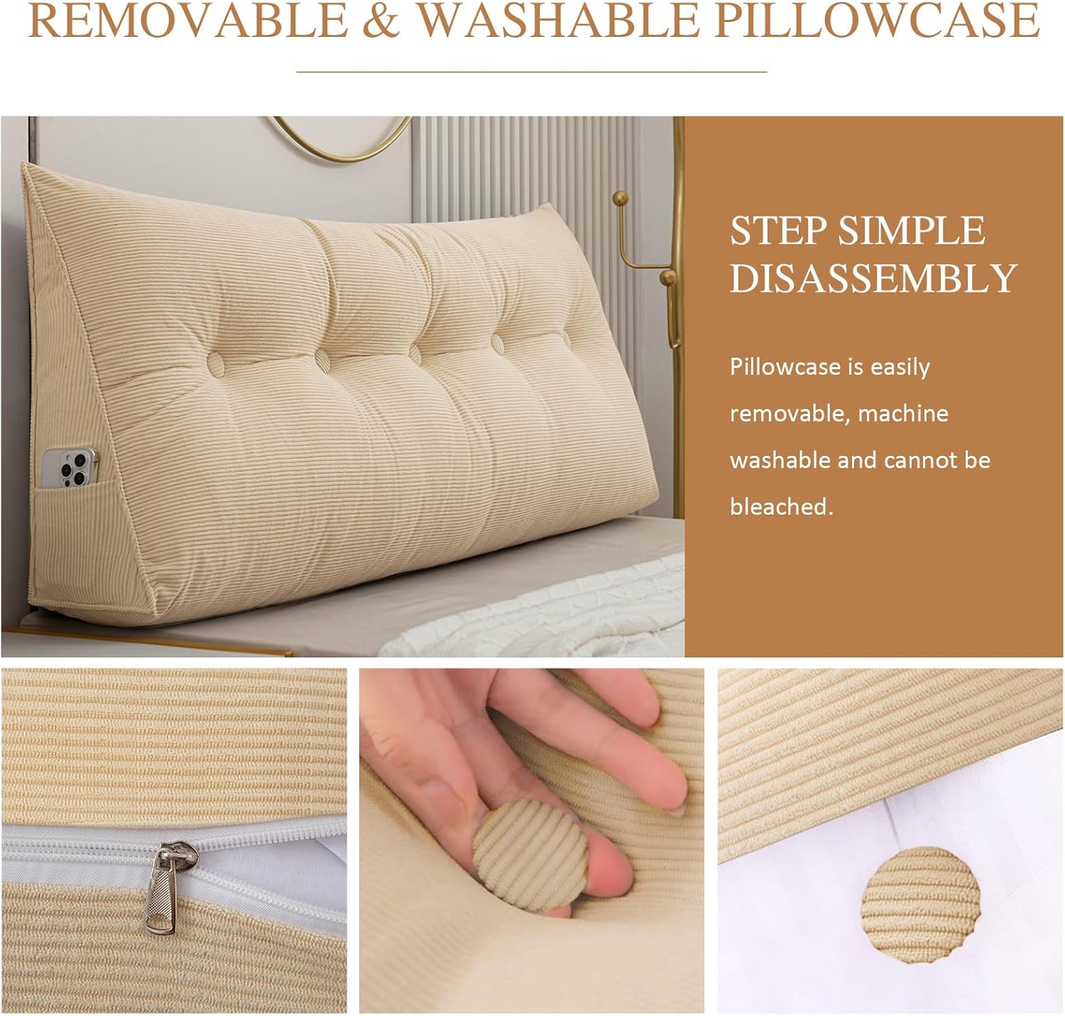 BECHAEO Almohada de cuña de cama para cabecera, lectura y descanso lumbar para cama, sofá, almohada larga grande con bolsillos laterales, funda