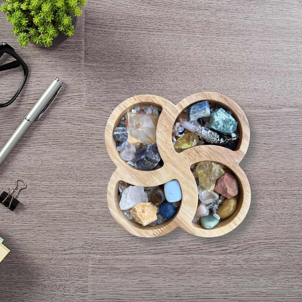 Bandeja de madera con flores de cristal para piedras, muestra tus cristales y piedras curativas, soporte de cristal para exhibición de piedras,