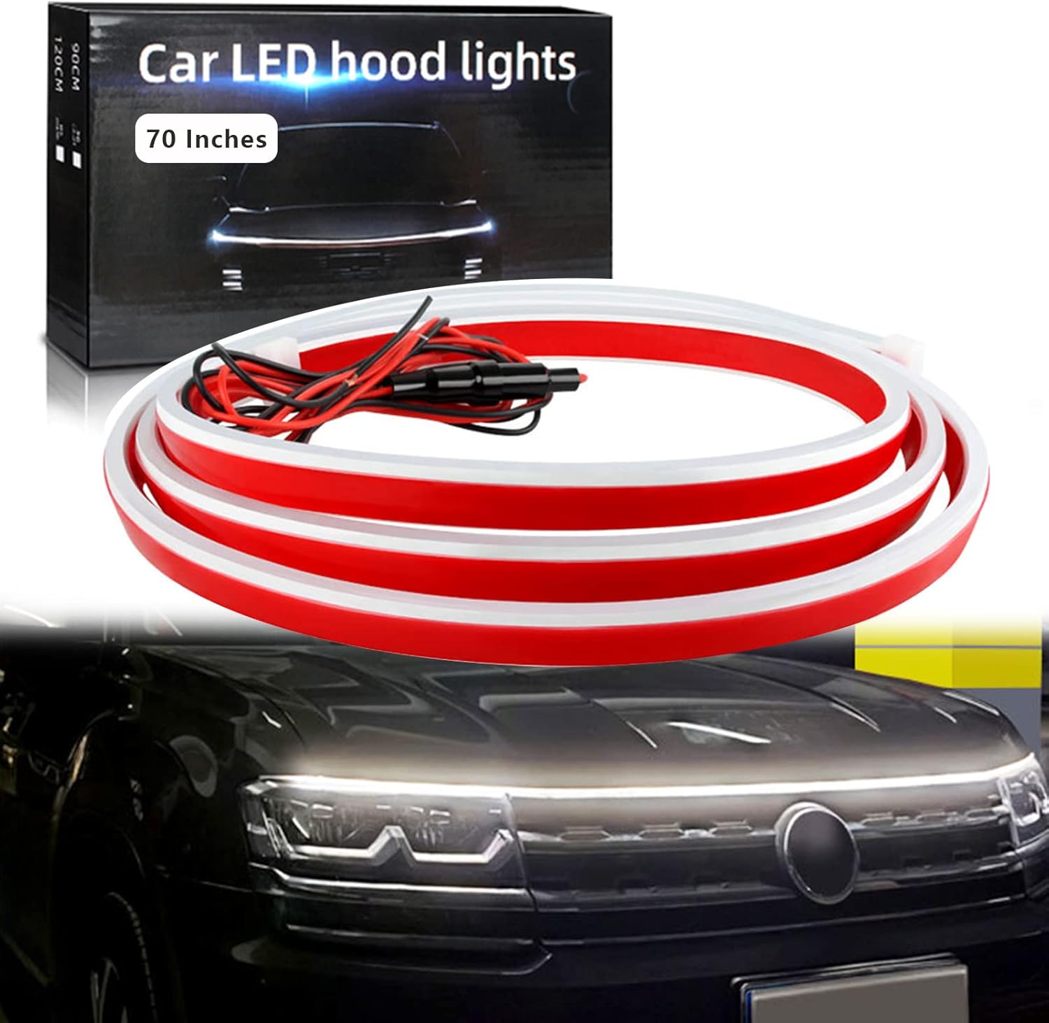 GZRUICA Tira de luz para capó de automóvil, 70 pulgadas, tira de luces LED blancas para capó, flexible, impermeable, escaneo dinámico DC12V, luces