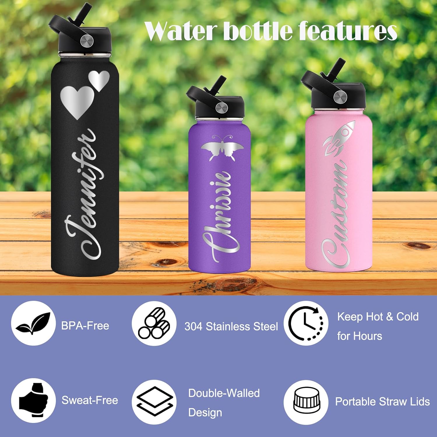 Botellas de agua personalizadas con tapa de popote de 243240 onzas, botellas aisladas de acero inoxidable con nombre, logotipo, regalo personalizado