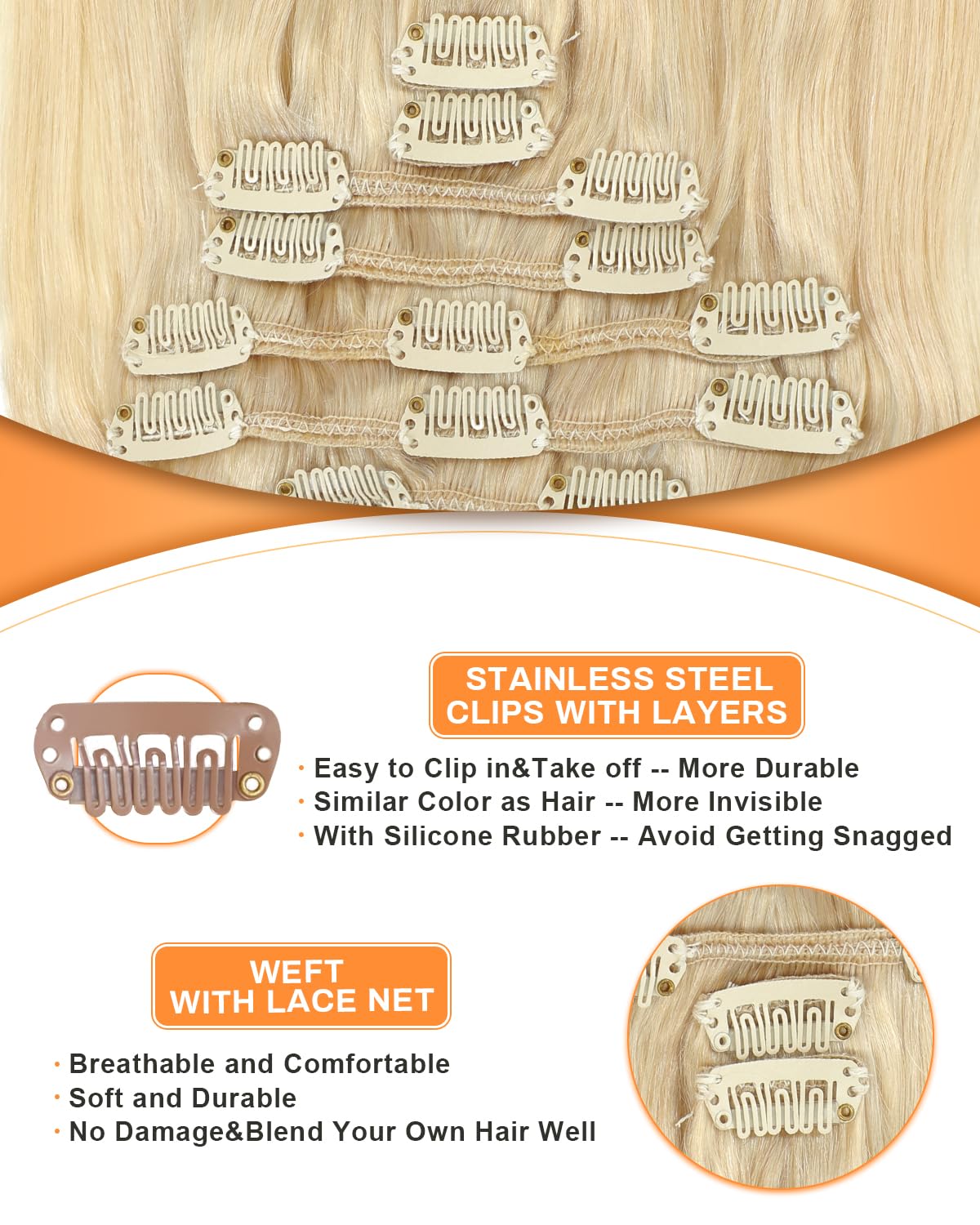 Missme Extensiones de cabello humano real con broches, 18 pulgadas, 4.23 oz, 7 unidades, 16 clips, 100 % cabello humano real rubio platino para mujer