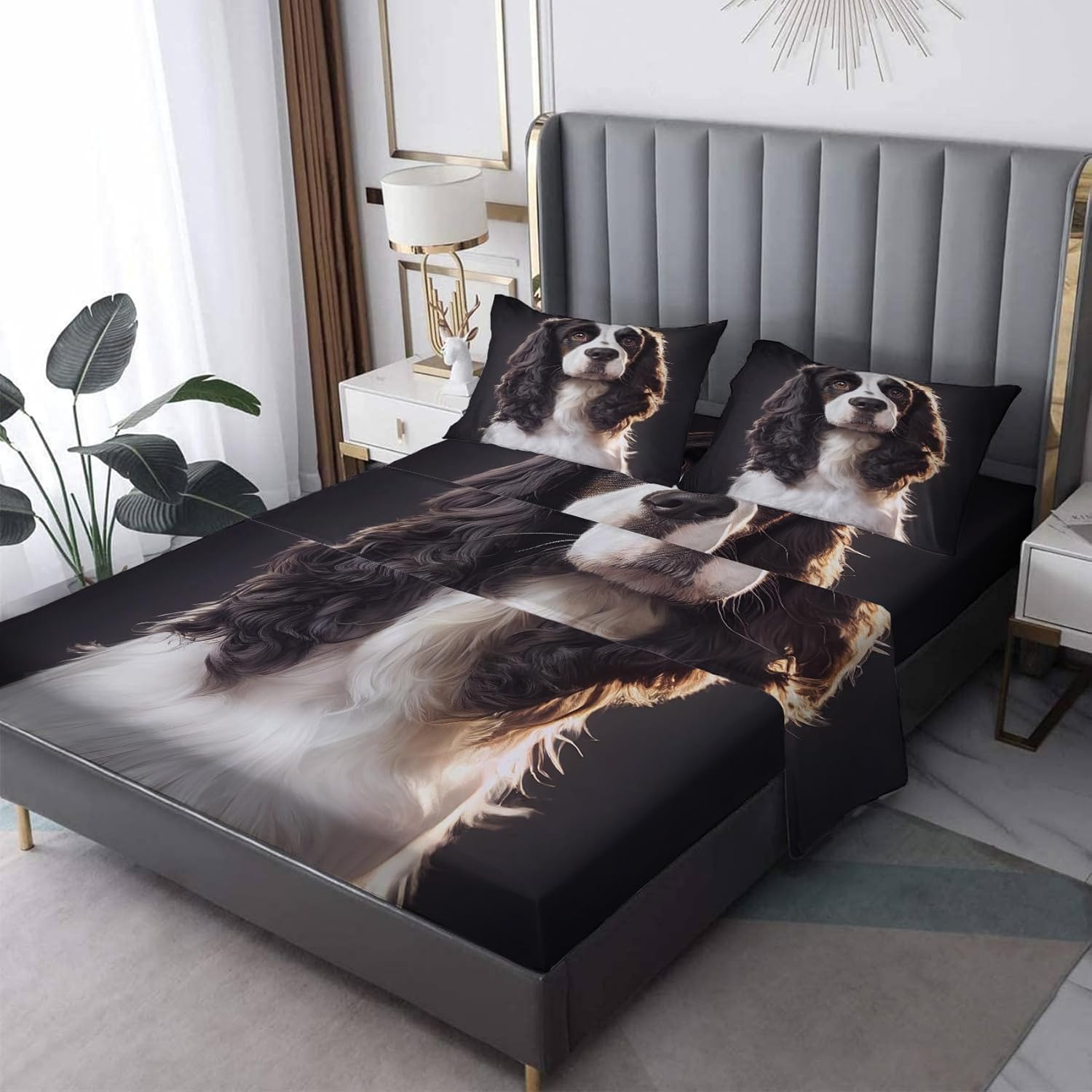 Cavalier King Charles Spaniel – Juego de sábanas para perro, sábanas y fundas de almohada estampadas de 4 piezas, sábana bajera ajustable de