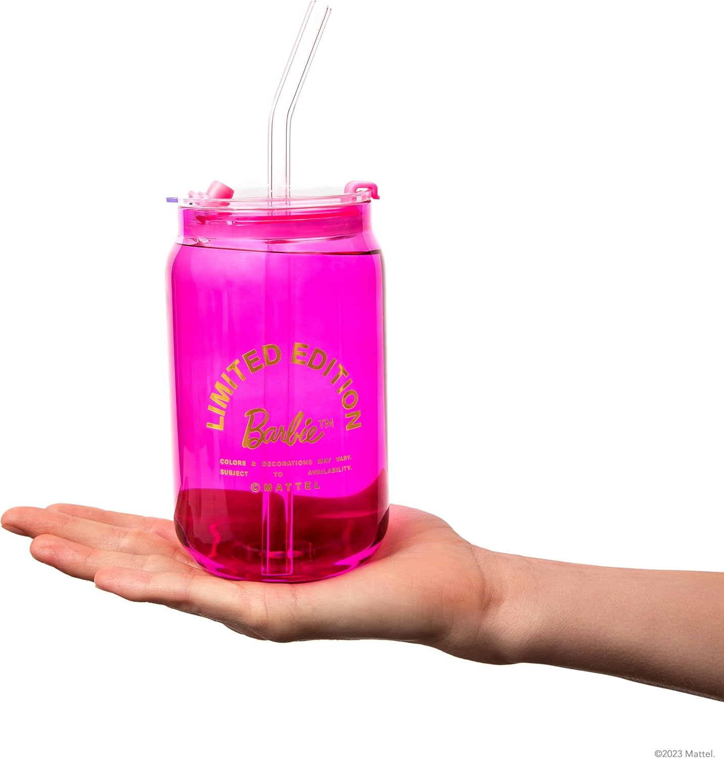 Dragon Glassware x Barbie – Vasos de vidrio con forma de lata de 16 onzas con tapas y pajitas, juego de 4 tazas para café helado con tapas, vaso de