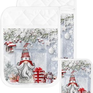 Juego de 2 agarraderas de gnomos de Navidad para cocina, antideslizantes y aislantes de calor, juego de agarraderas de tela de toalla con bolsillo, Juego de 2 agarraderas de gnomos de Navidad para cocina, antideslizantes y aislantes de calor, juego de agarraderas de tela de toalla con bolsillo,