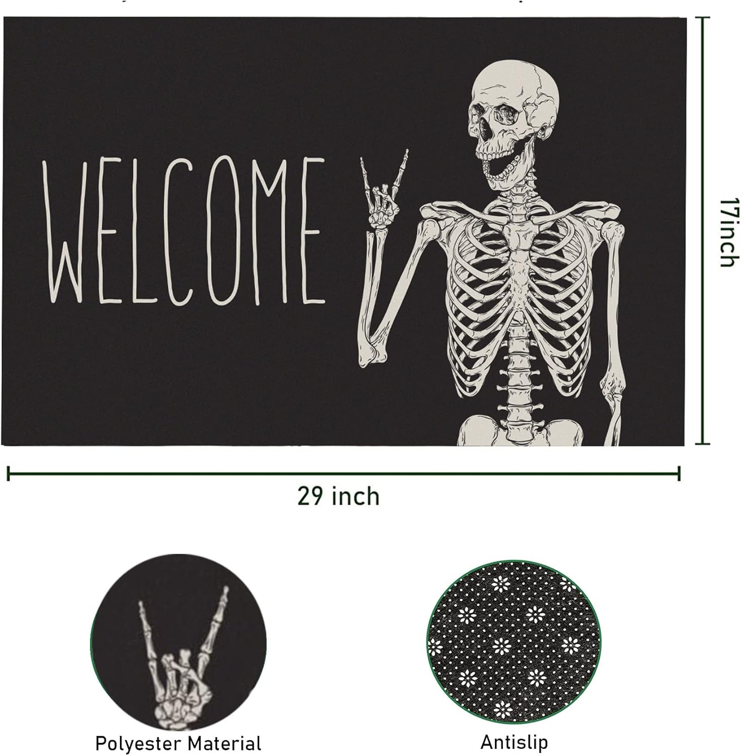 KBBMFEU Tapete de bienvenida antideslizante con diseño de calavera divertida para interiores y exteriores, decoración de fiesta de Halloween, 17 x