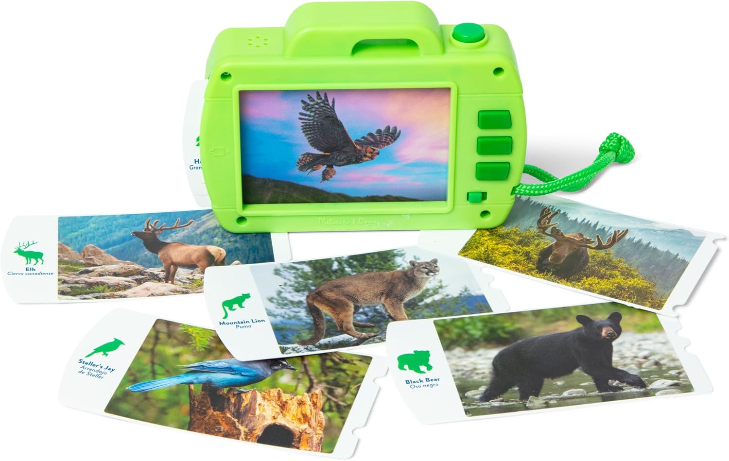 Melissa & Doug Juego de cámara con paisajes y sonidos de las Montañas Rocosas, Juego de cámara de juguete de madera – Tarjetas de fotos hacen