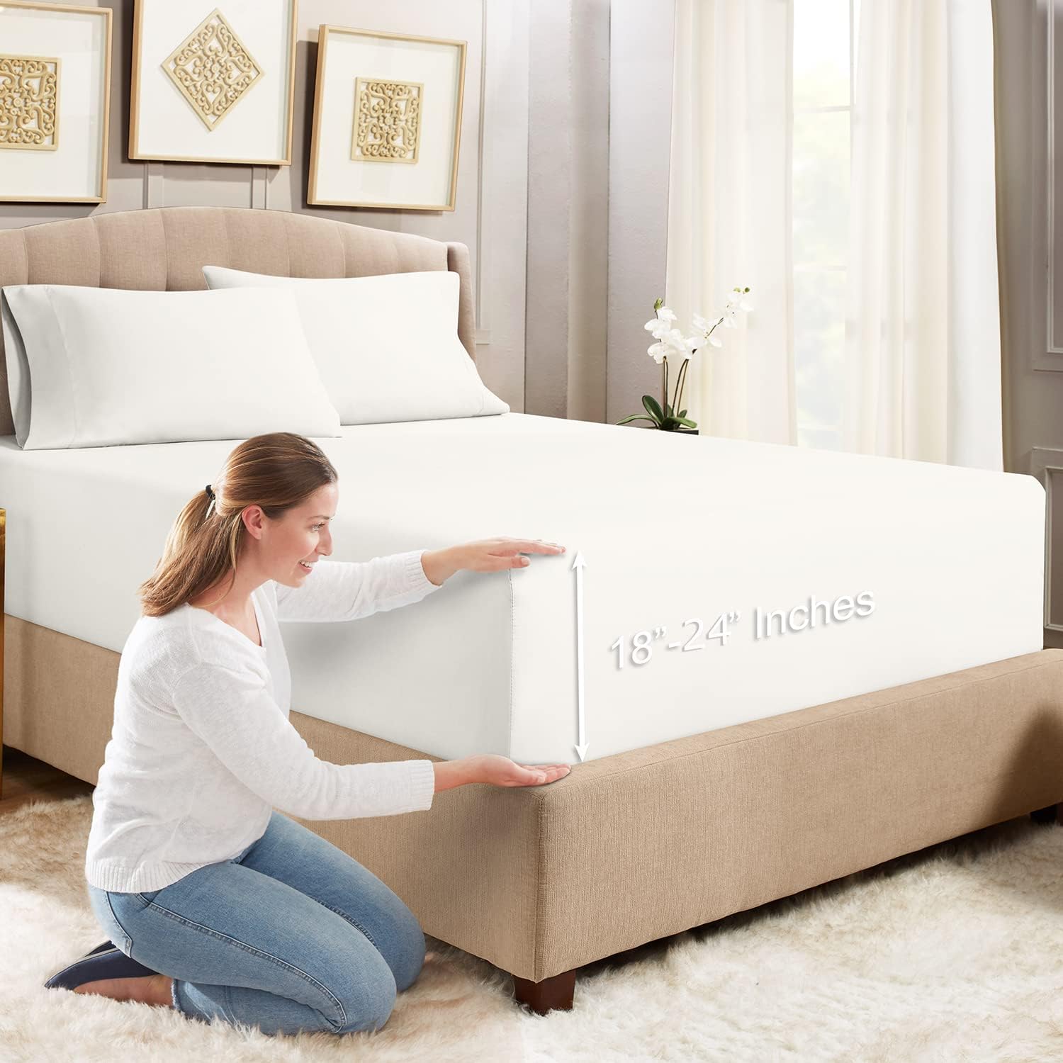 Empyrean Bedding – Sábanas bajeras tamaño Queen, con sábana de cajón extra profunda  Juego de sábanas bajeras extra profundas, de 24 pulgadas, con 2
