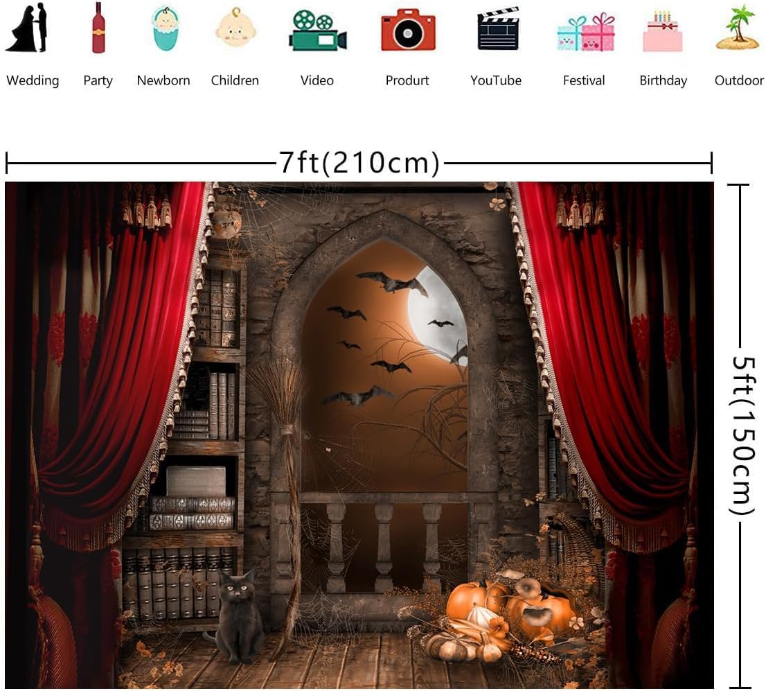 WOLADA Telón de fondo escolar de castillo mágico de 7 x 5 pies, telón de fondo para Halloween, fondo de libro mágico, luna, bruja mago, escuela,
