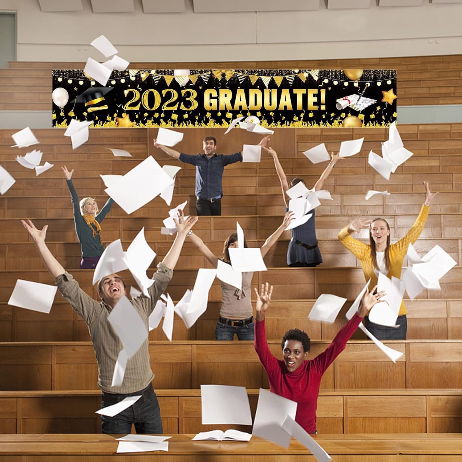 Cartel de graduación 2023, pancarta grande de felicitaciones graduadas negro dorado 2023, cartel de telón de fondo de graduación 2023 para