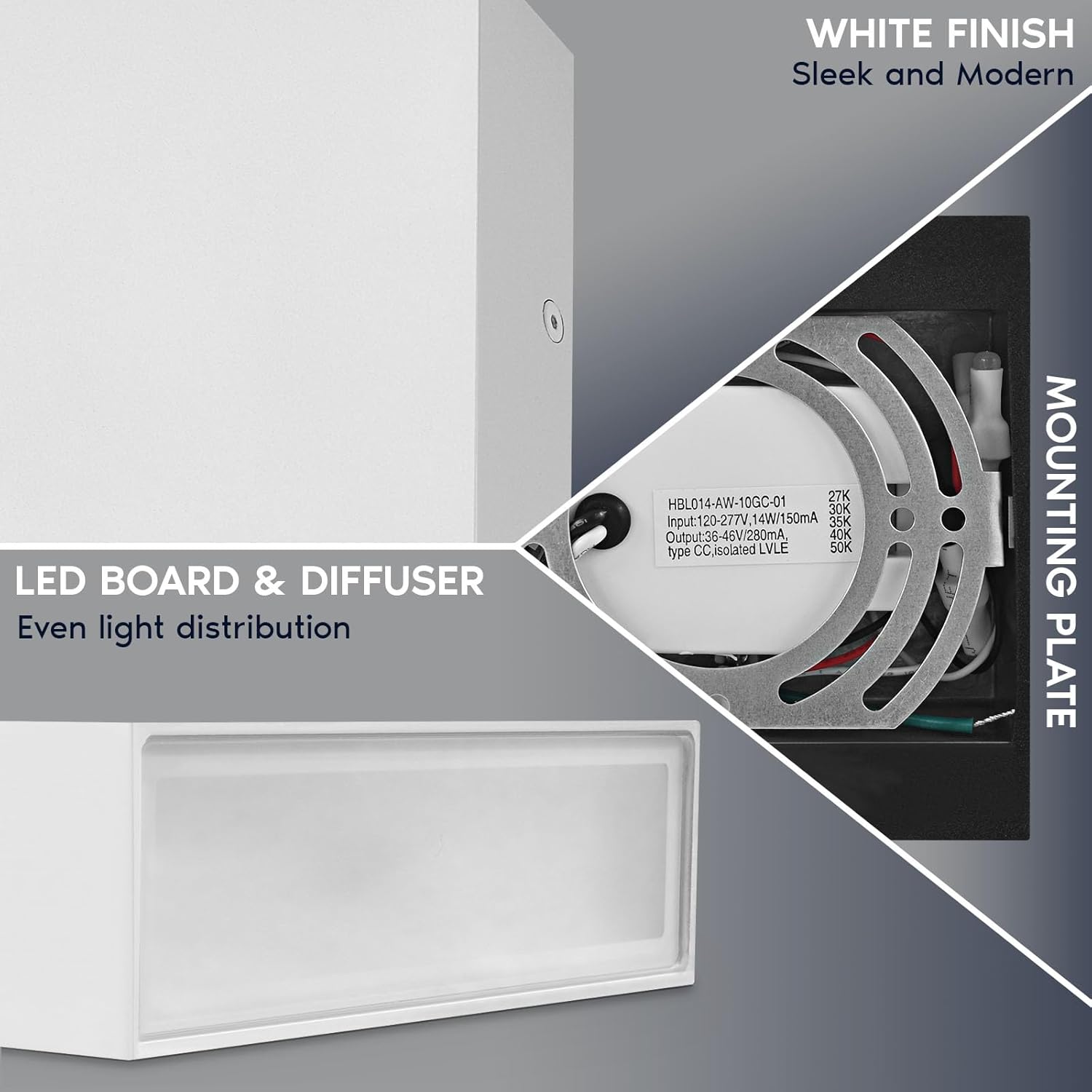 LUXRITE Aplique de pared cuadrado LED arriba y abajo, metal, 5CCT 2700K  3000K  3500K  4000K  5000K, moderna lámpara de pared para interiores y