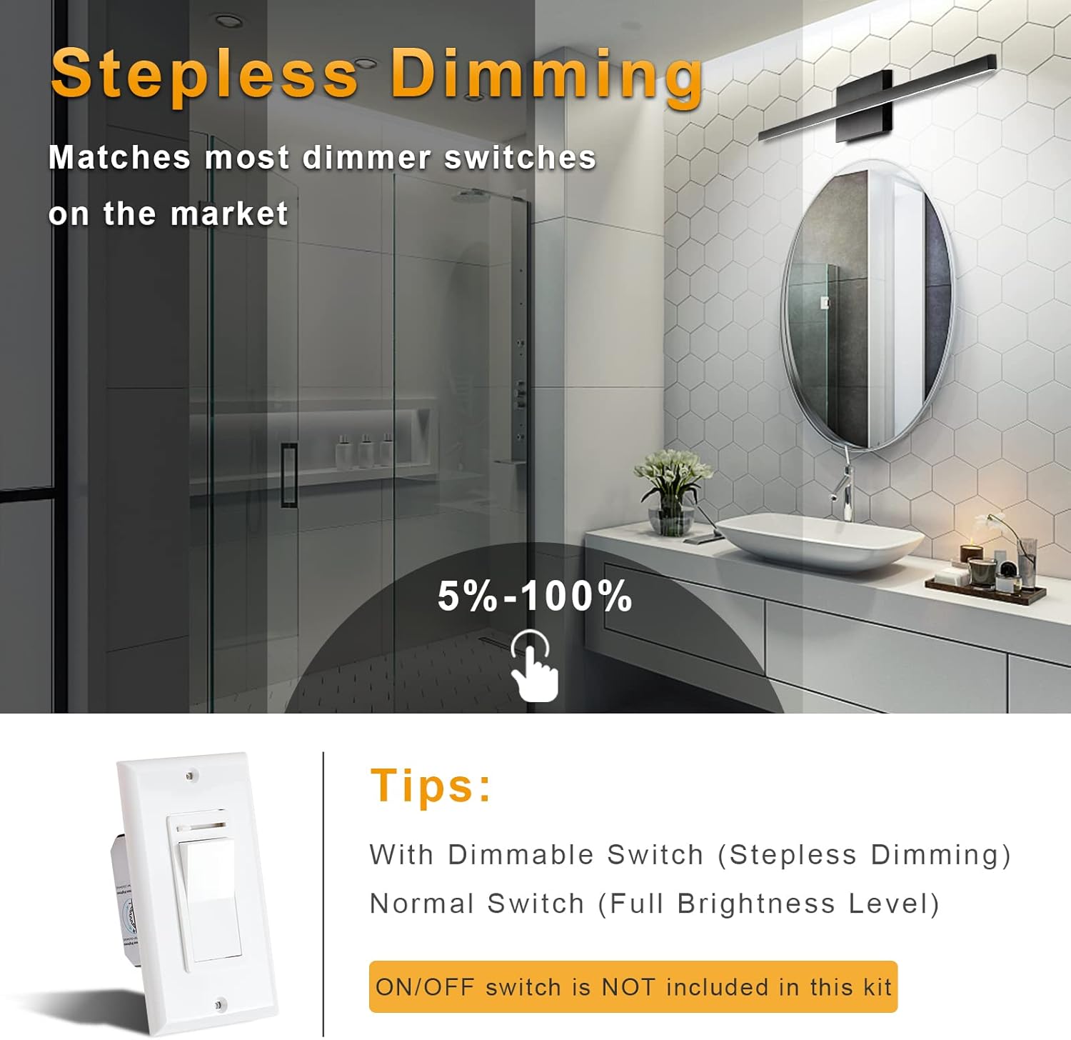 NIORSUN Lámpara de tocador de baño moderna de 39.37 pulgadas, regulable, 5CCT 1680LM 24W luces LED de baño sobre espejo, accesorios de iluminación