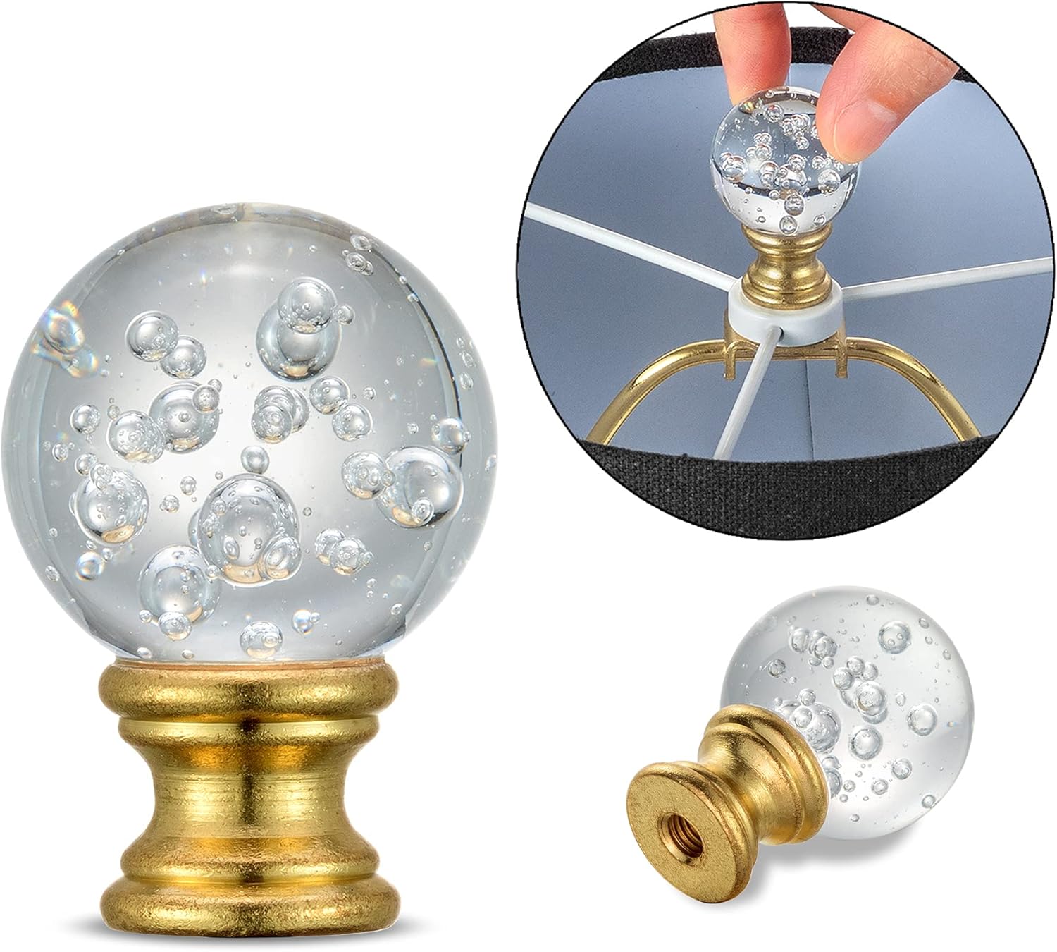 Acabados de lámpara de cristal con base de acabado de latón pulido, vidrio transparente con burbujas en forma de bola con tapa de tornillo,