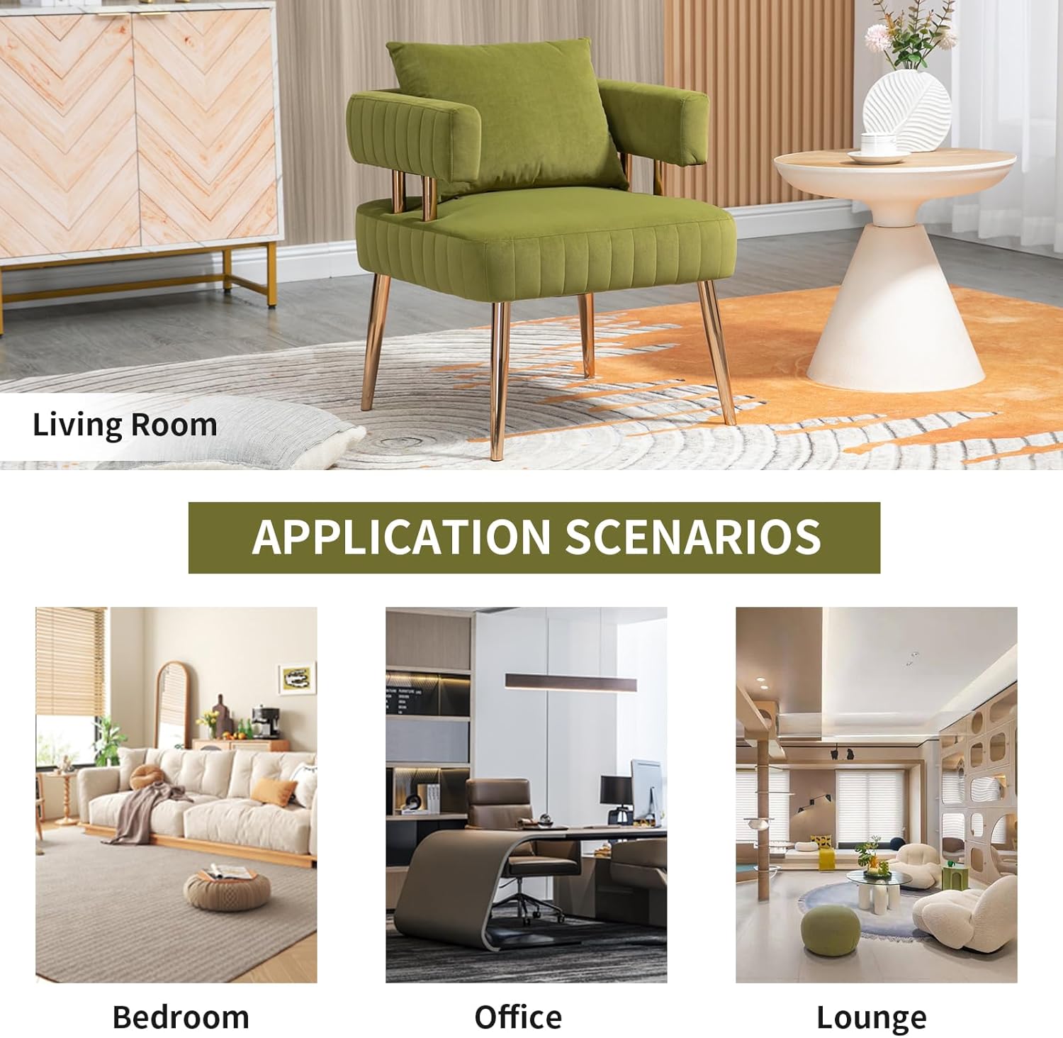 Sillón moderno y decorativo, cómodo sillón tapizado de terciopelo con almohada, respaldo abierto con patas doradas, sillón de lectura para sala de