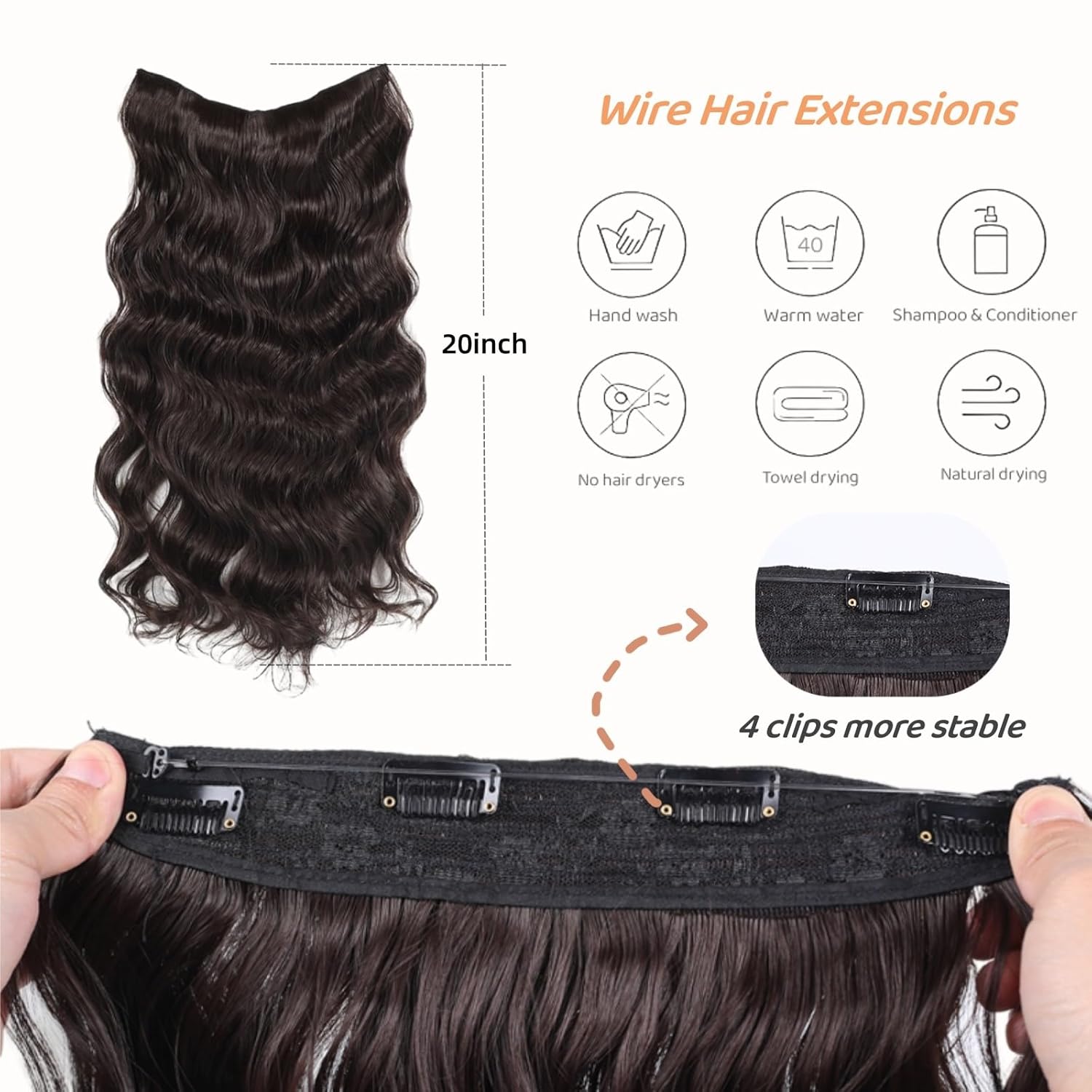 Extensiones de cabello tipo halo de 20 pulgadas con alambre transparente, tamaño ajustable, 4 clips, extensiones de cabello sintético invisible,