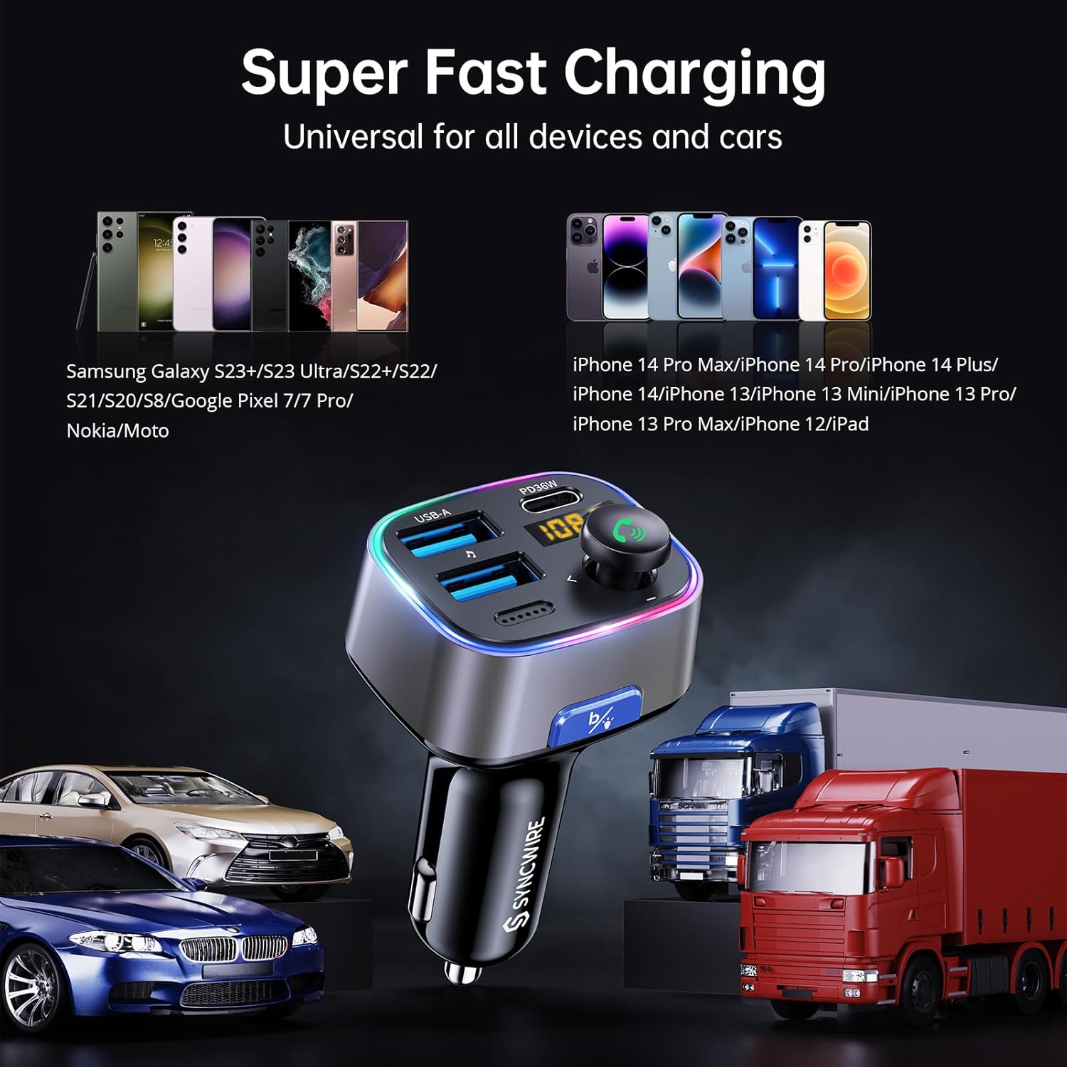 Syncwire Bluetooth 5.3 Transmisor FM Adaptador de coche 48W (PD 36W y 12W) Interruptor de luz Bajo Profundo HiFi Carga Rápida Adaptador de Música de