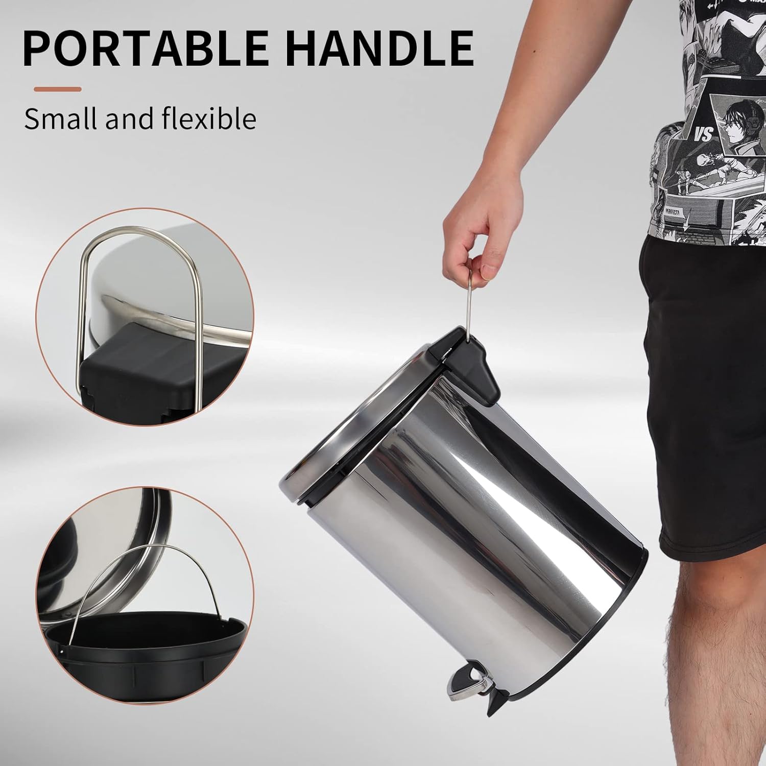 Gzdisbek Cubo de basura redondo de metal de 8 litros2.11 galones con pedal y tapa de cierre suave, cubo de basura de acero inoxidable cepillado