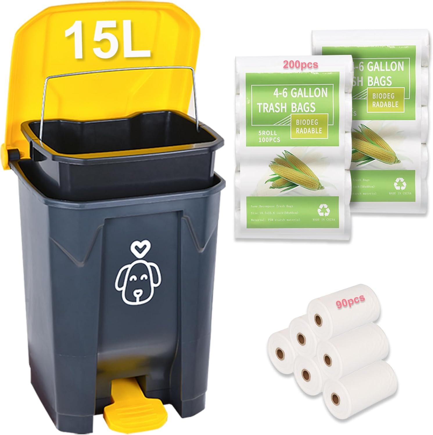 Outdoors – Cubo de basura para excrementos de perro con tapa y 290 bolsas de basura biodegradables, lindo bote de basura para patio, hogar, jardín,