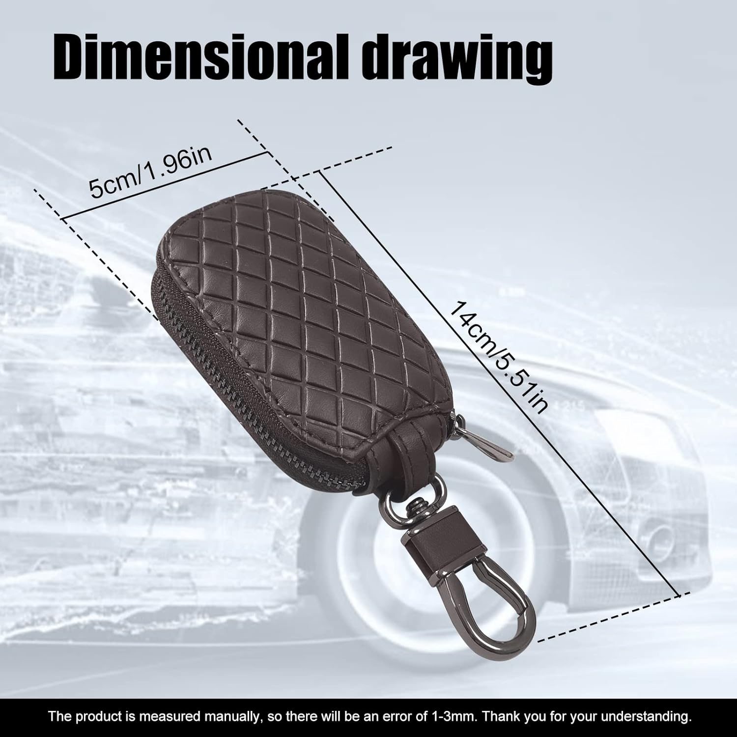 Funda universal para llave de automóvil, funda de cuero para llavero inteligente, protector antiarañazos con cremallera y gancho de metal (cuadros