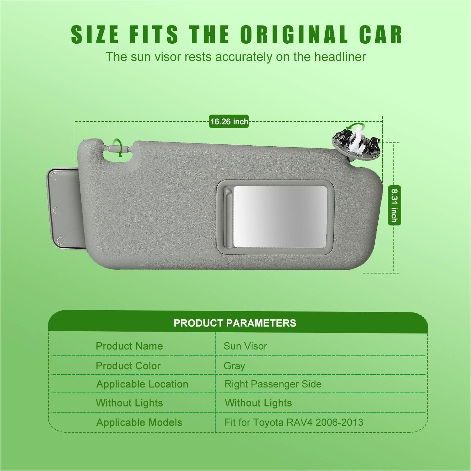 Visera solar del lado del pasajero derecho para Toyota RAV4 2006-2013 con luz de tocador Relace# 74320-42501-B2 74320-42500-B0 74320-42500-B3