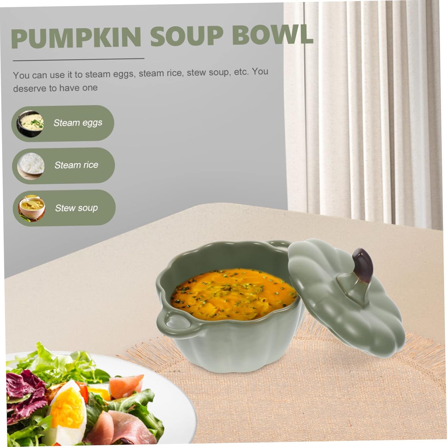 DOITOOL Cuencos de postre de calabaza, platos de cerámica, recipientes para aperitivos, cazuela con tapa, tazones de azúcar, tazón de ramen, cuenco