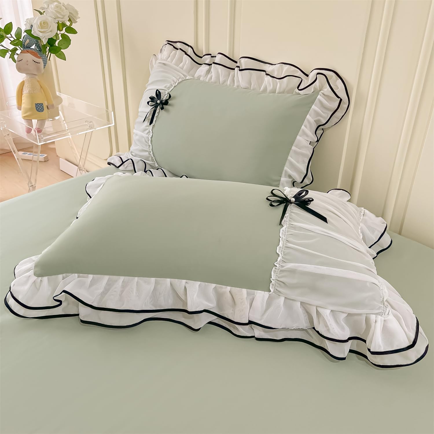 IHOUSTRIY Juego de funda de edredón para niños, tamaño matrimonial, juego de ropa de cama con volantes con corbatín, juego de funda de edredón de 3