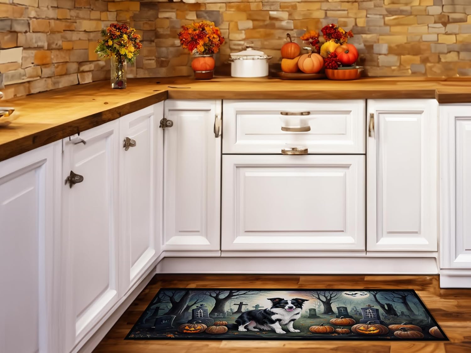 Caroline’s Treasures Border Collie Spooky Halloween Runner Mat 28×58 Front Door Mat Indoor Outdoor Rugs for Entryway Hallway Foyer Non Slip Washable