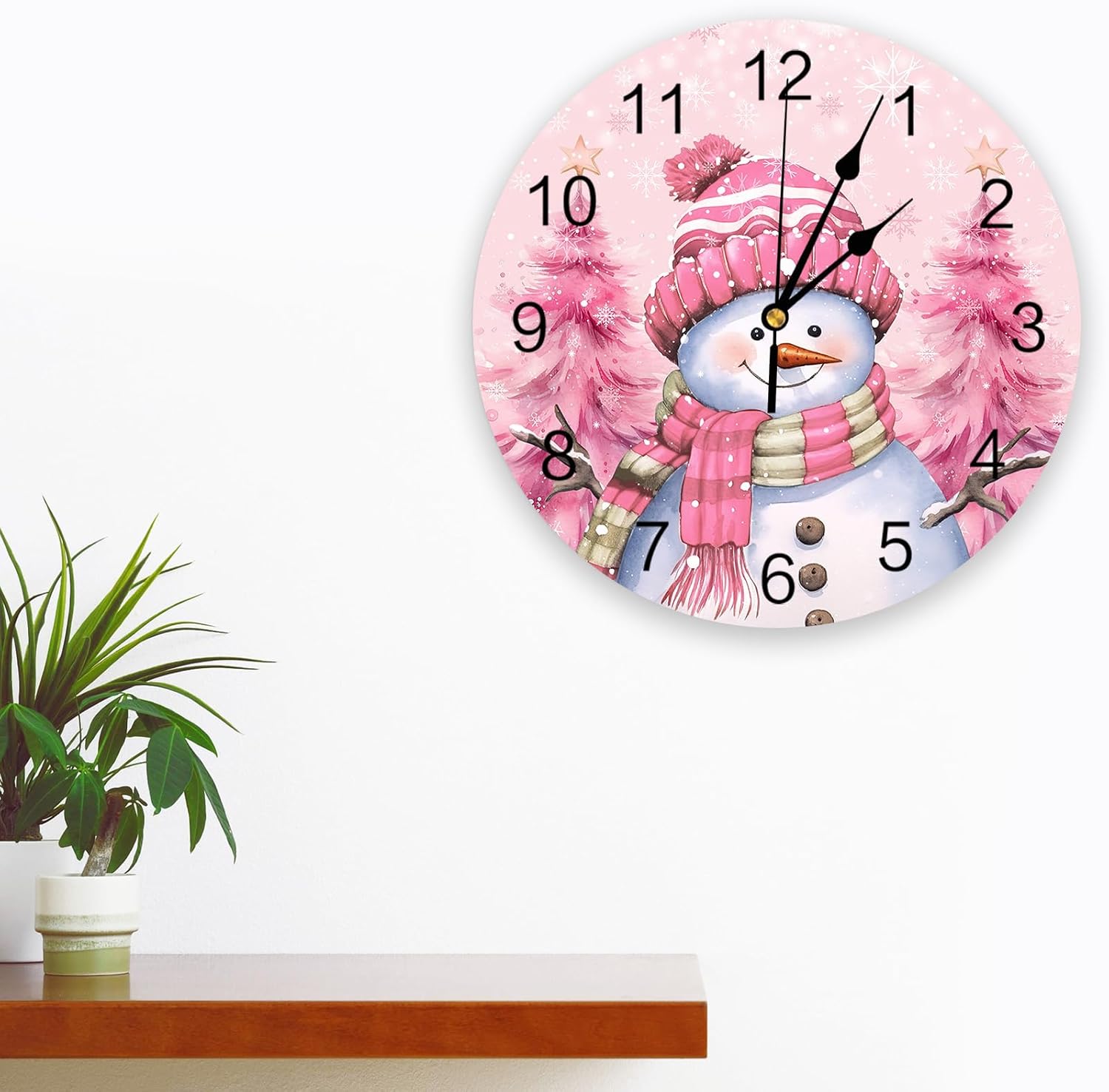 Artwork Store Reloj de pared de Navidad silencioso de 10 pulgadas, con diseño de muñeco de nieve rosa, copo de nieve, funciona con pilas, elegante,